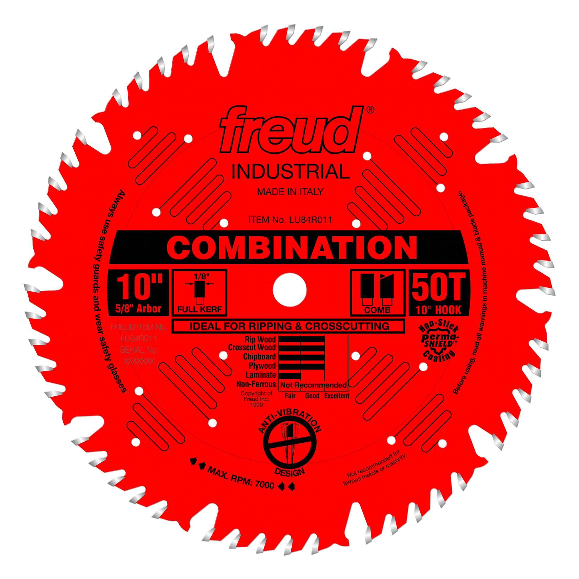 Red circular saw blade with 50 teeth, 10" diameter, white tooth tips, center arbor hole, labeled "Freud Industrial Combinatio
