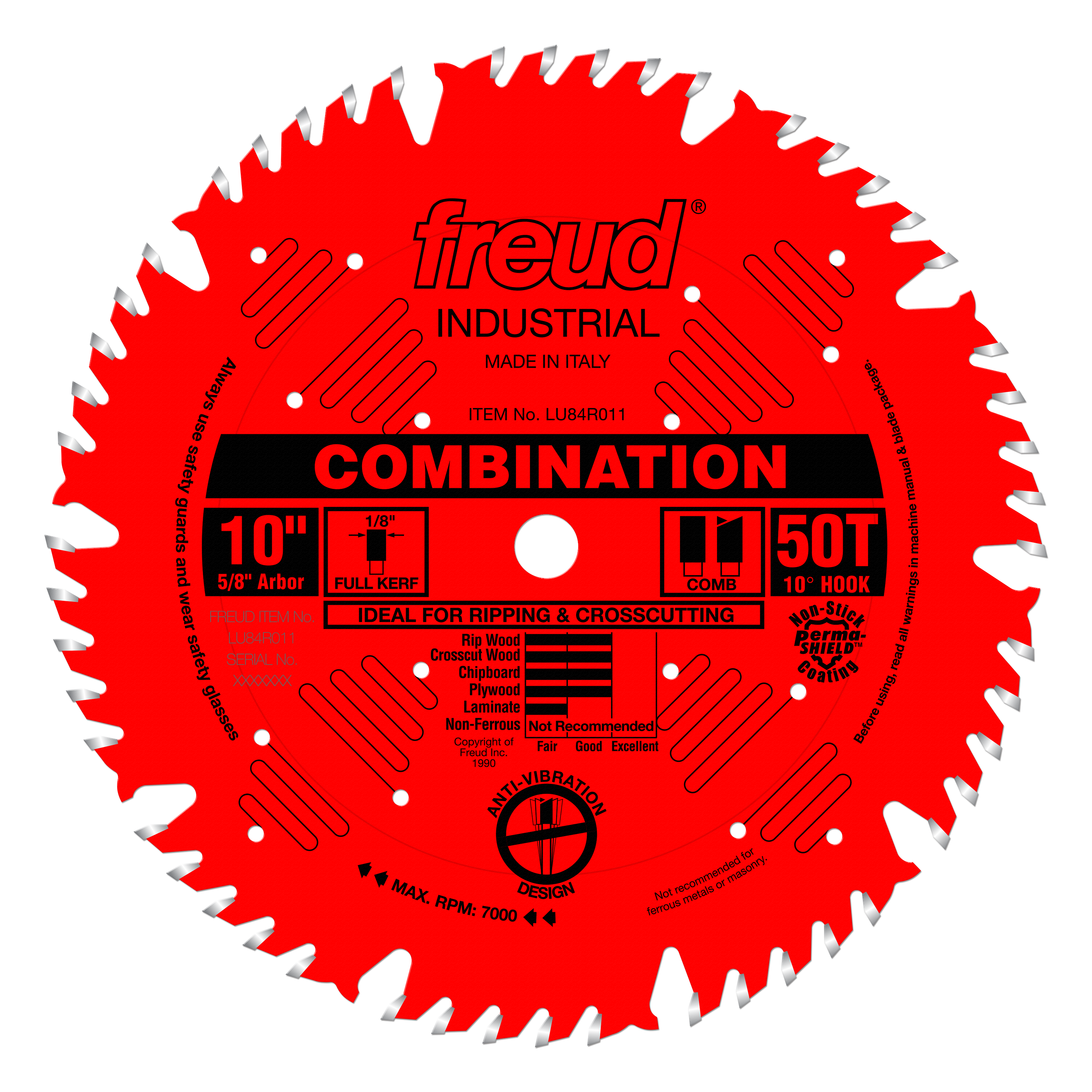 Red circular saw blade with 50 teeth, 10" diameter, white tooth tips, center arbor hole, labeled "Freud Industrial Combinatio