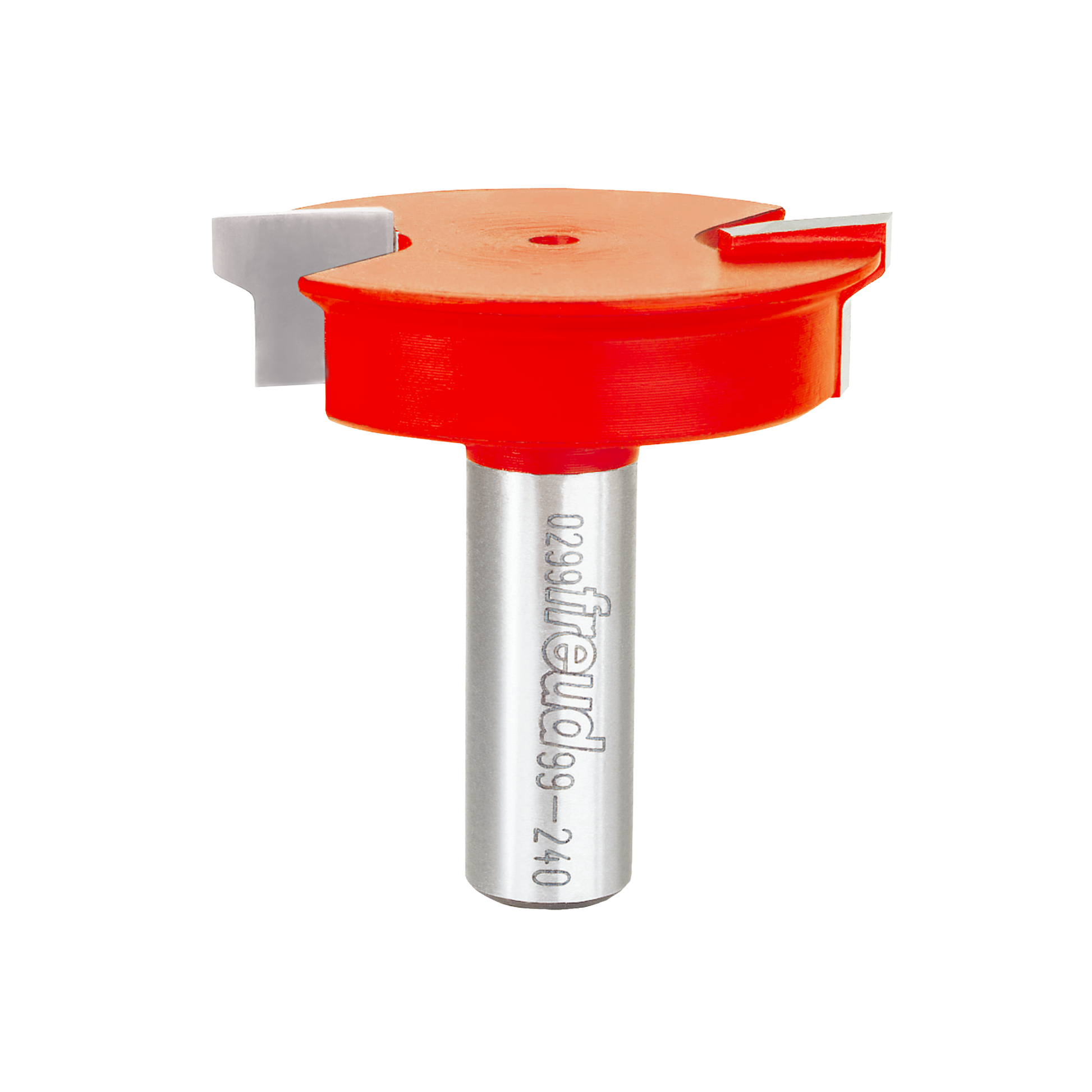 Red and silver drawer lock bit with 2-inch diameter cutting head and metal shank.