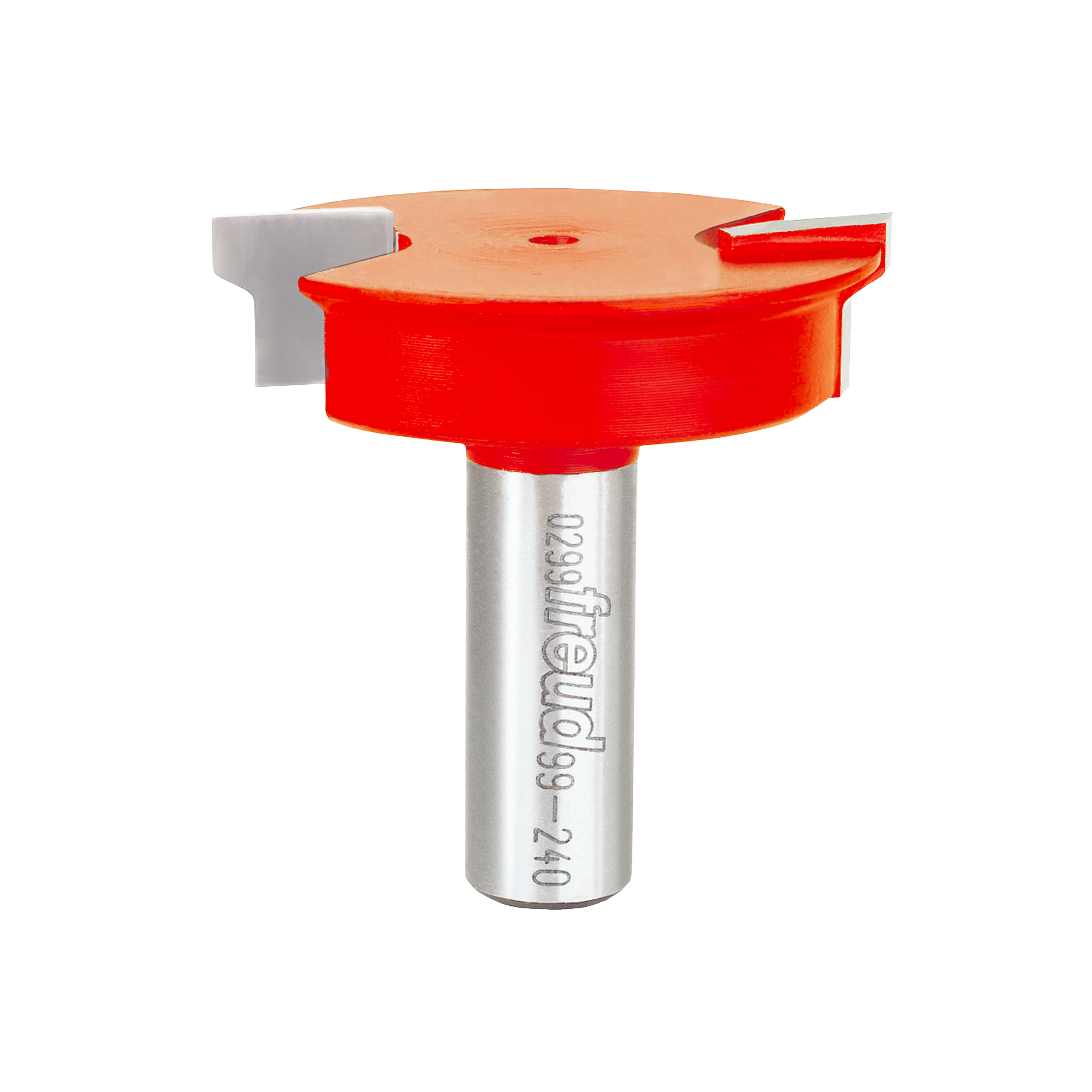 Red and silver drawer lock bit with 2-inch diameter cutting head and metal shank.