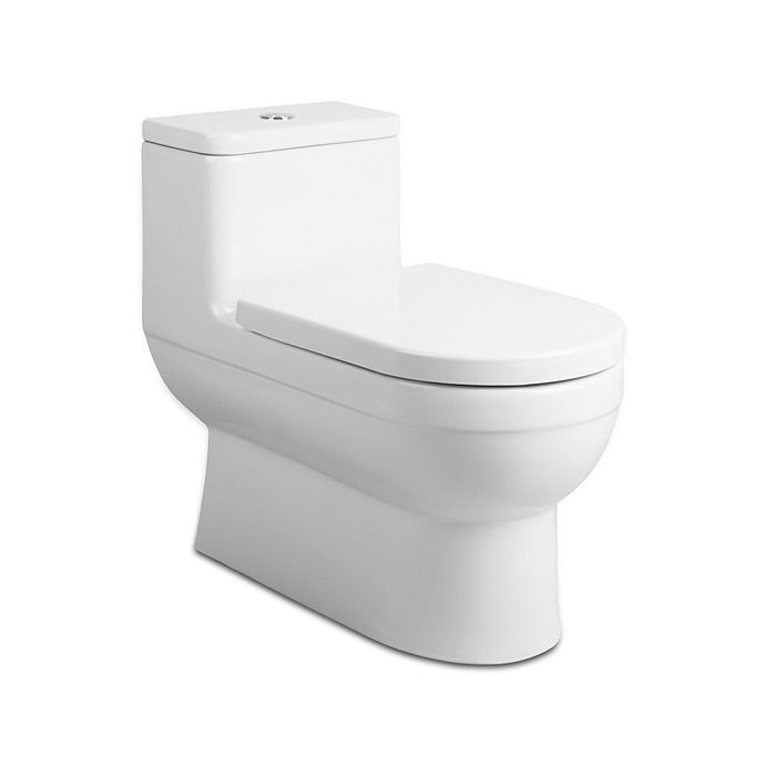 White one-piece toilet with elongated bowl, closed lid, and integrated tank.