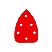 Red sanding pad with hook and loop backing and six white circular holes for dust extraction.