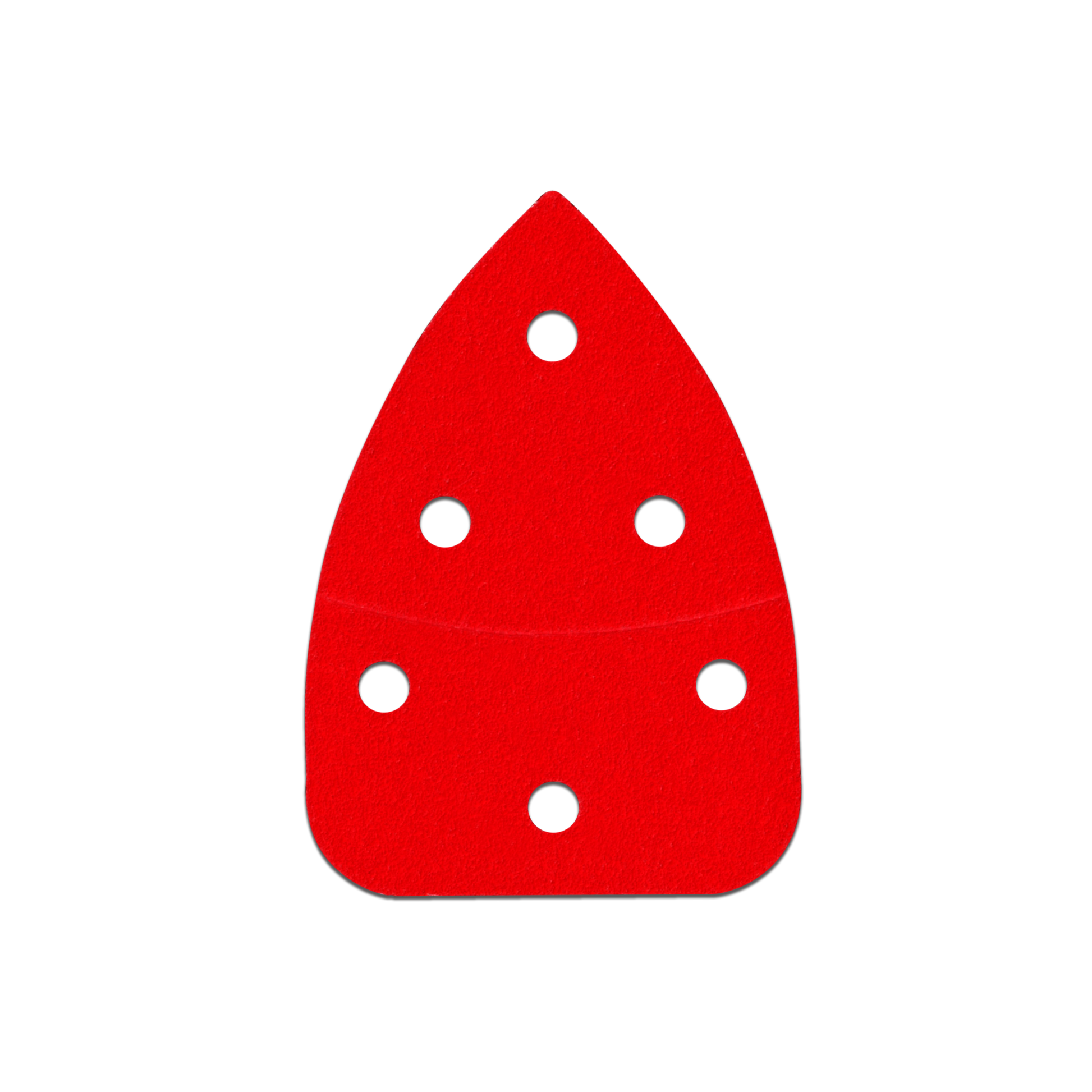 Red sanding pad with hook and loop backing and six white circular holes for dust extraction.