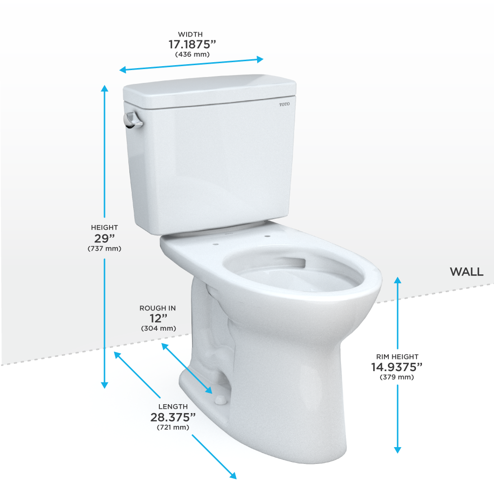 White two-piece elongated toilet with tank and bowl showing width, height, length, and rim height dimensions.