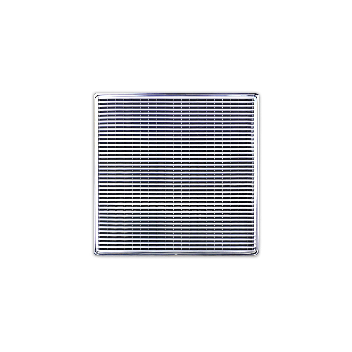 Polished stainless steel square drain cover with horizontal slot pattern and center drain opening.