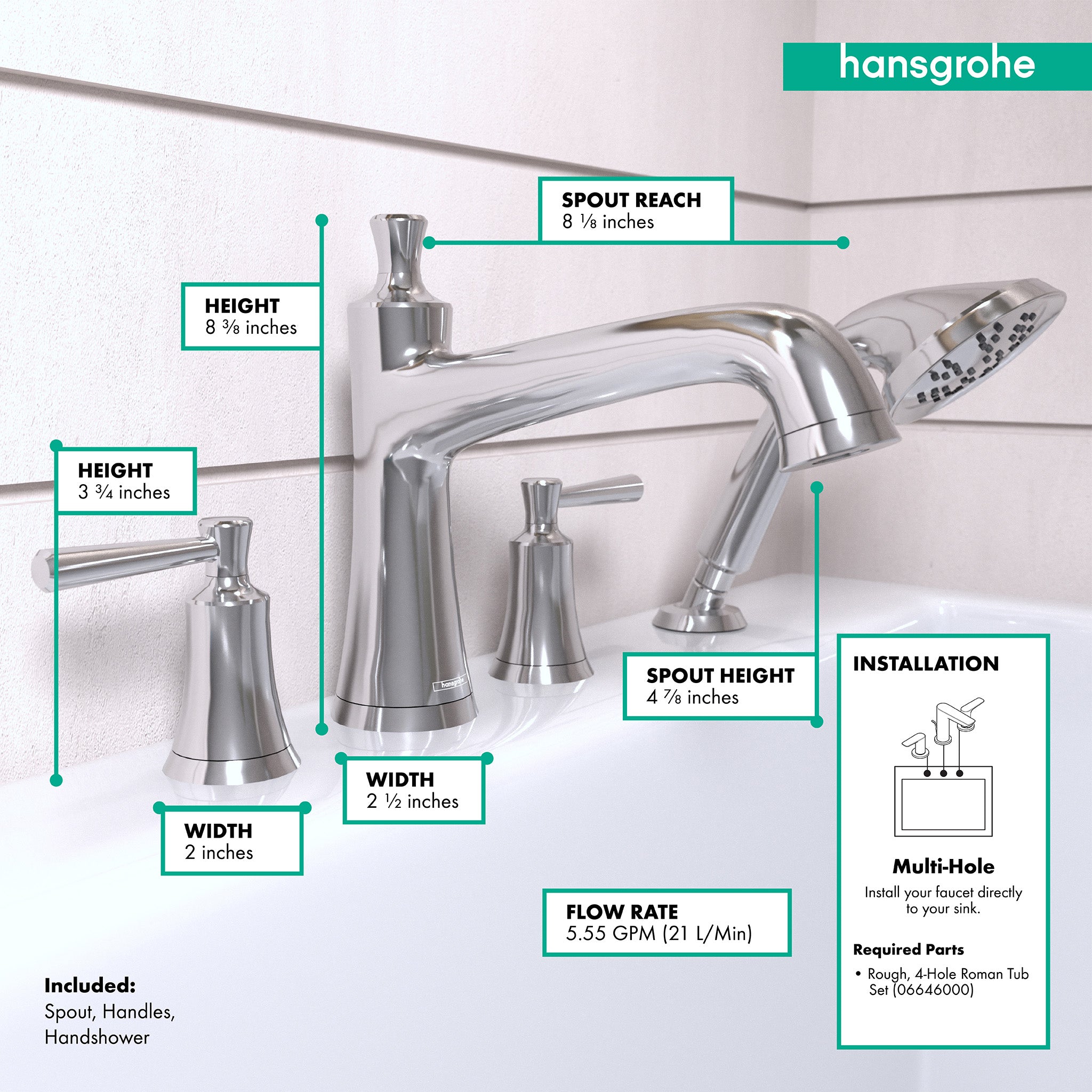 Chrome 4-hole roman tub faucet set with curved spout, dual handles, and handheld showerhead with measurement specifications l