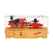 Three red router bits with black shanks displayed in clear plastic case over wooden base with specification diagrams.