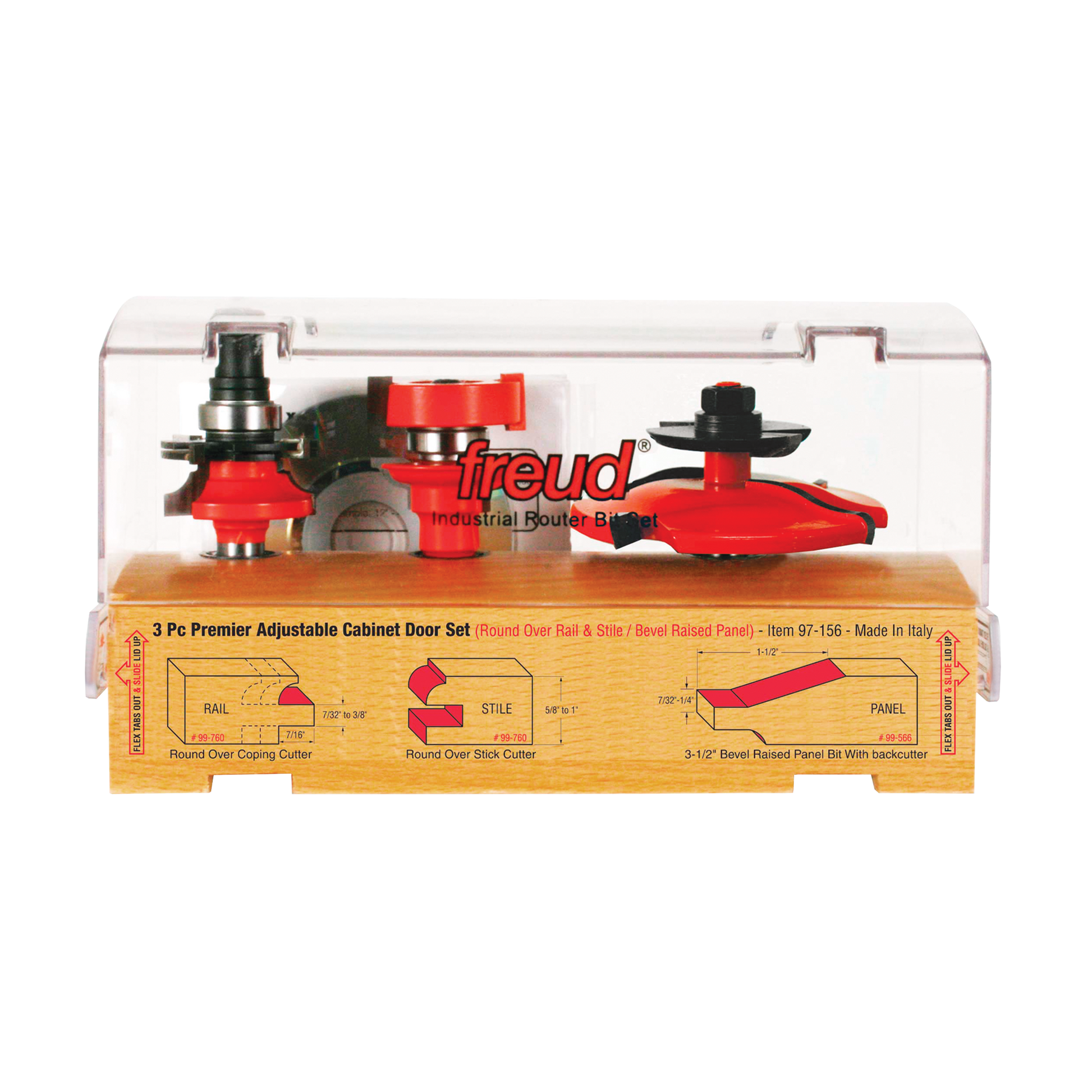 Three red router bits with black shanks displayed in clear plastic case over wooden base with specification diagrams.
