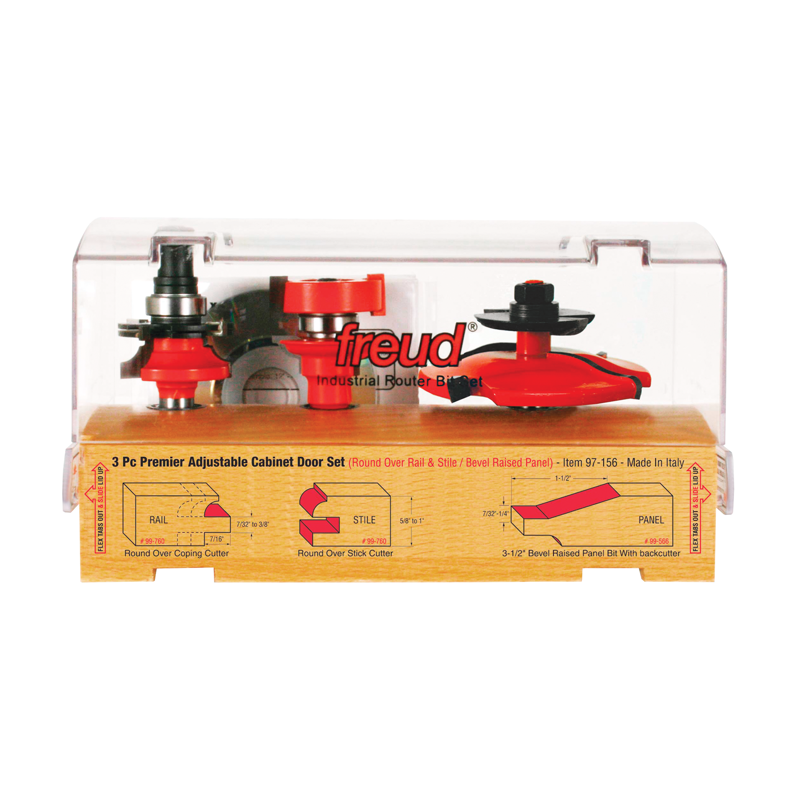 Three red router bits with black shanks displayed in clear plastic case over wooden base with specification diagrams.