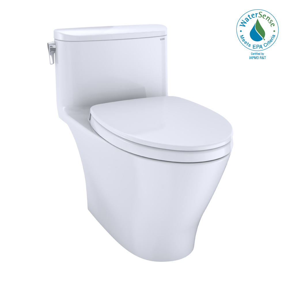 White one-piece elongated toilet with soft-close seat, tank, and lever handle on left side.