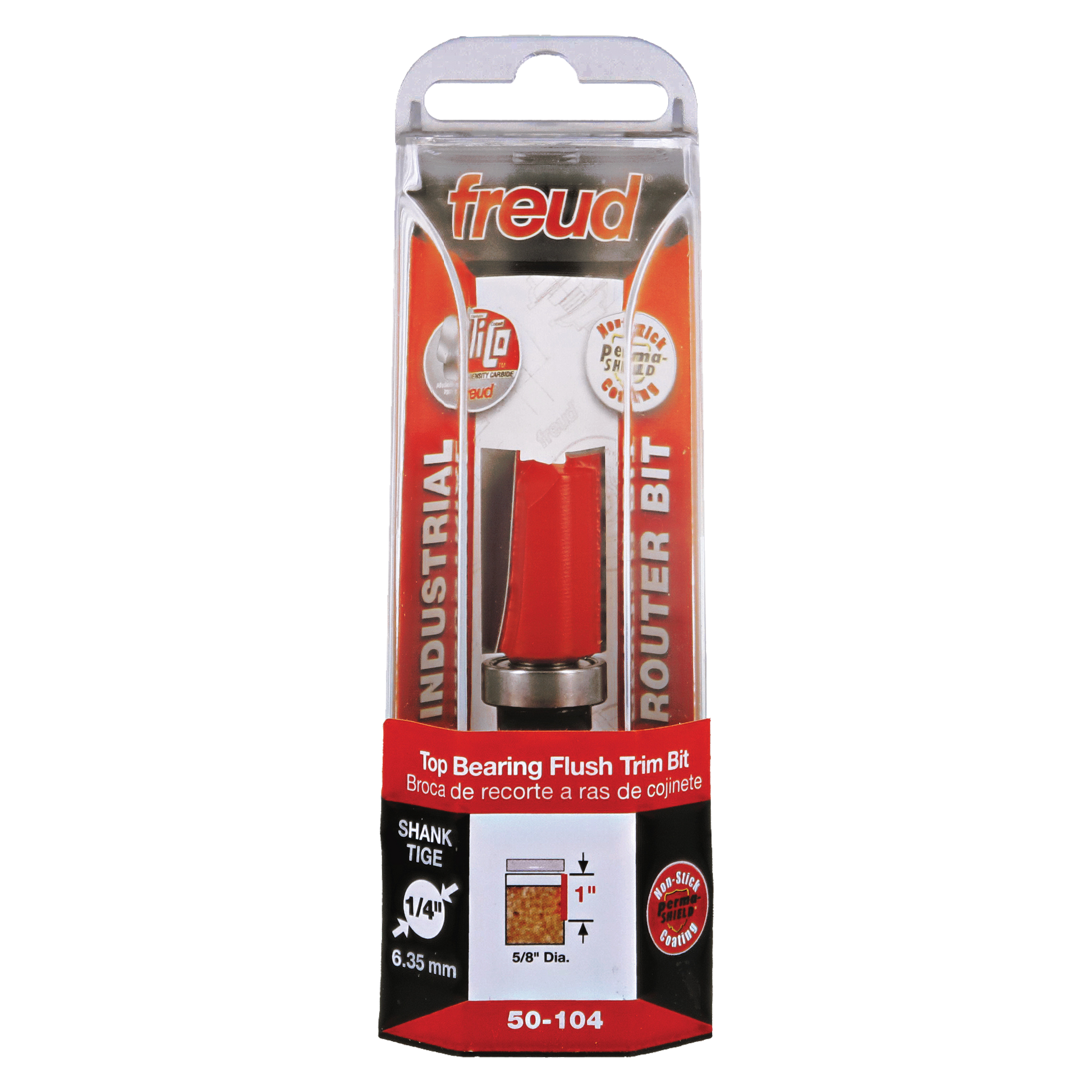 Freud 50-104 flush trim bit with red body, metal cutting head, and top bearing in clear plastic packaging.