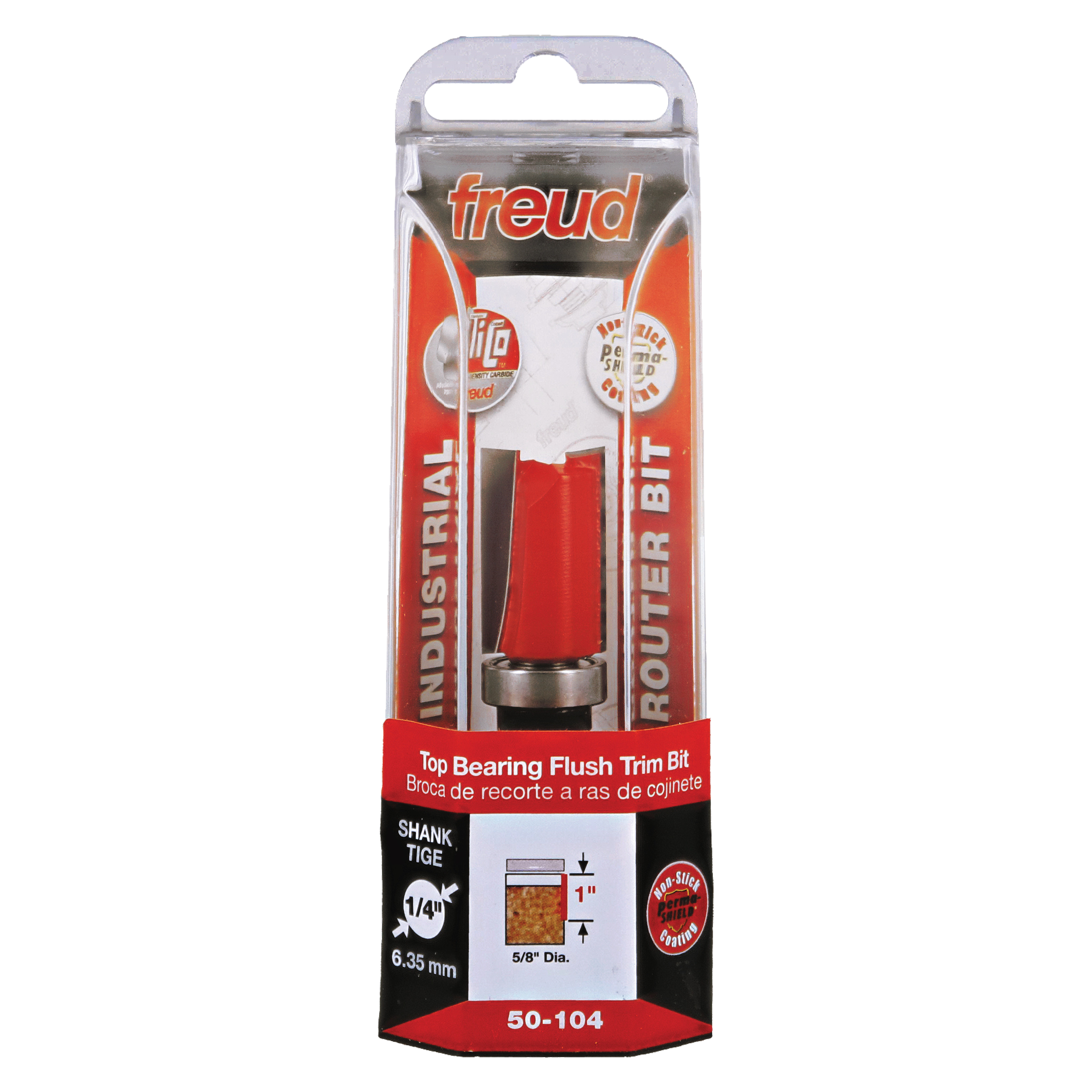 Freud 50-104 flush trim bit with red body, metal cutting head, and top bearing in clear plastic packaging.