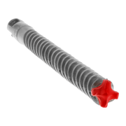 SDS-Plus hammer drill bit with ribbed gray shaft and red four-cutter carbide head.