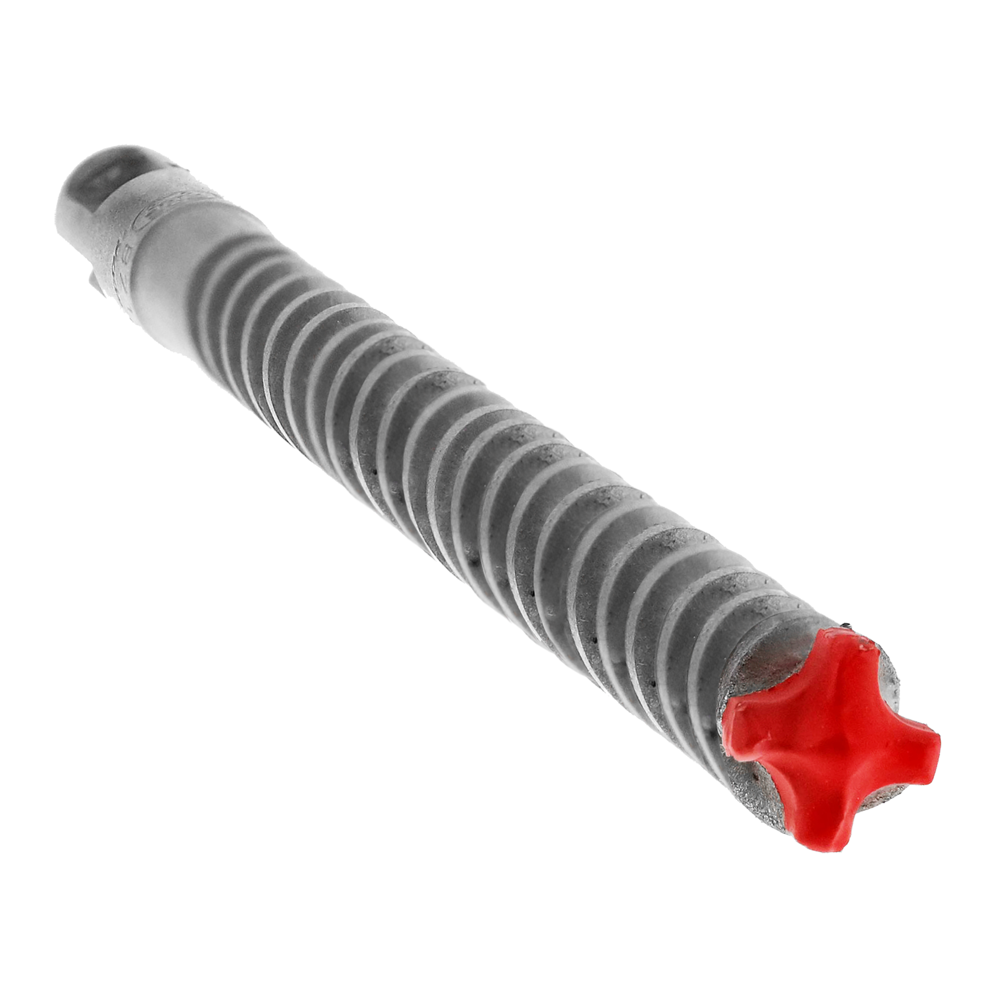 SDS-Plus hammer drill bit with ribbed gray shaft and red four-cutter carbide head.