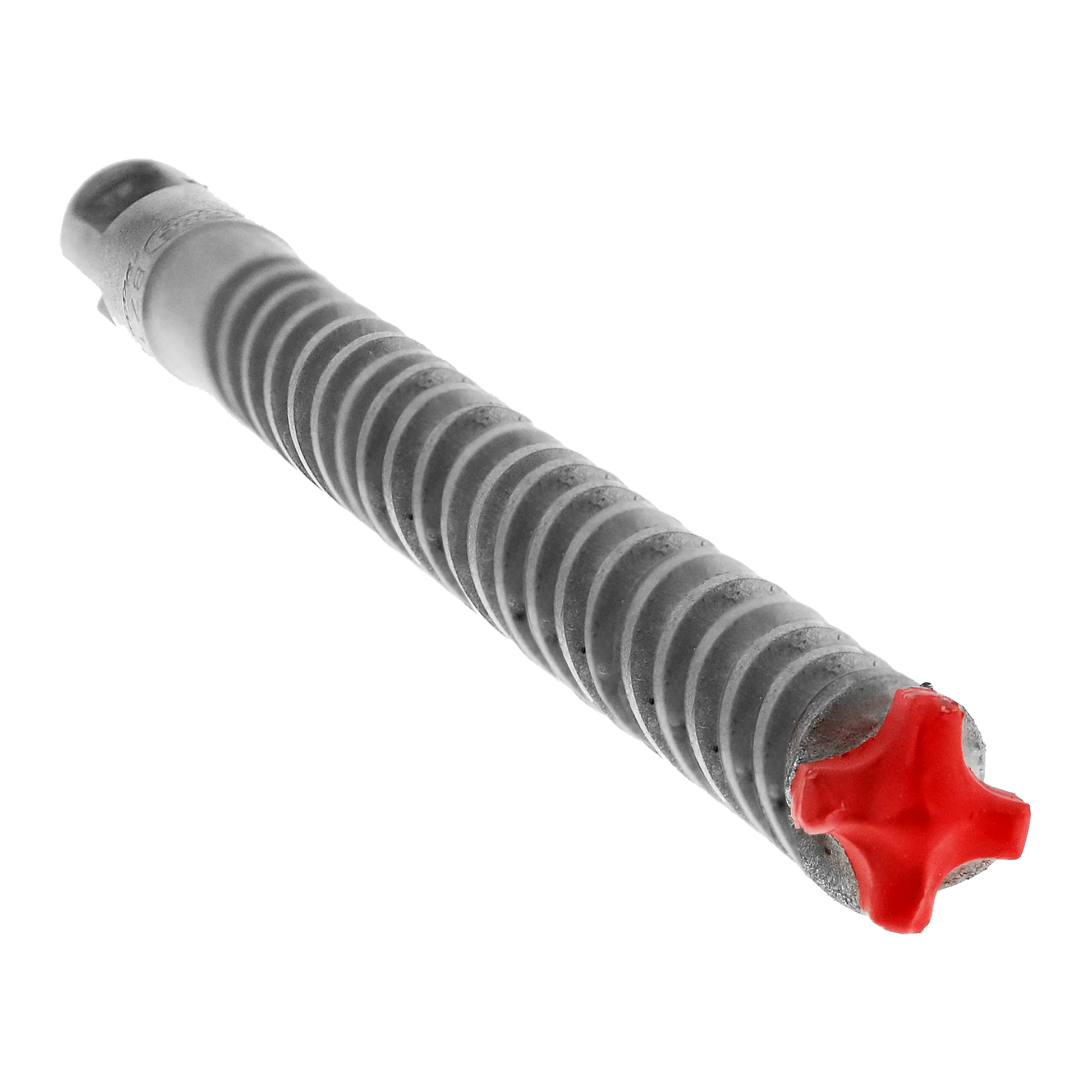 SDS-Plus hammer drill bit with ribbed shaft, four-cutter carbide head, and red tip against white background.