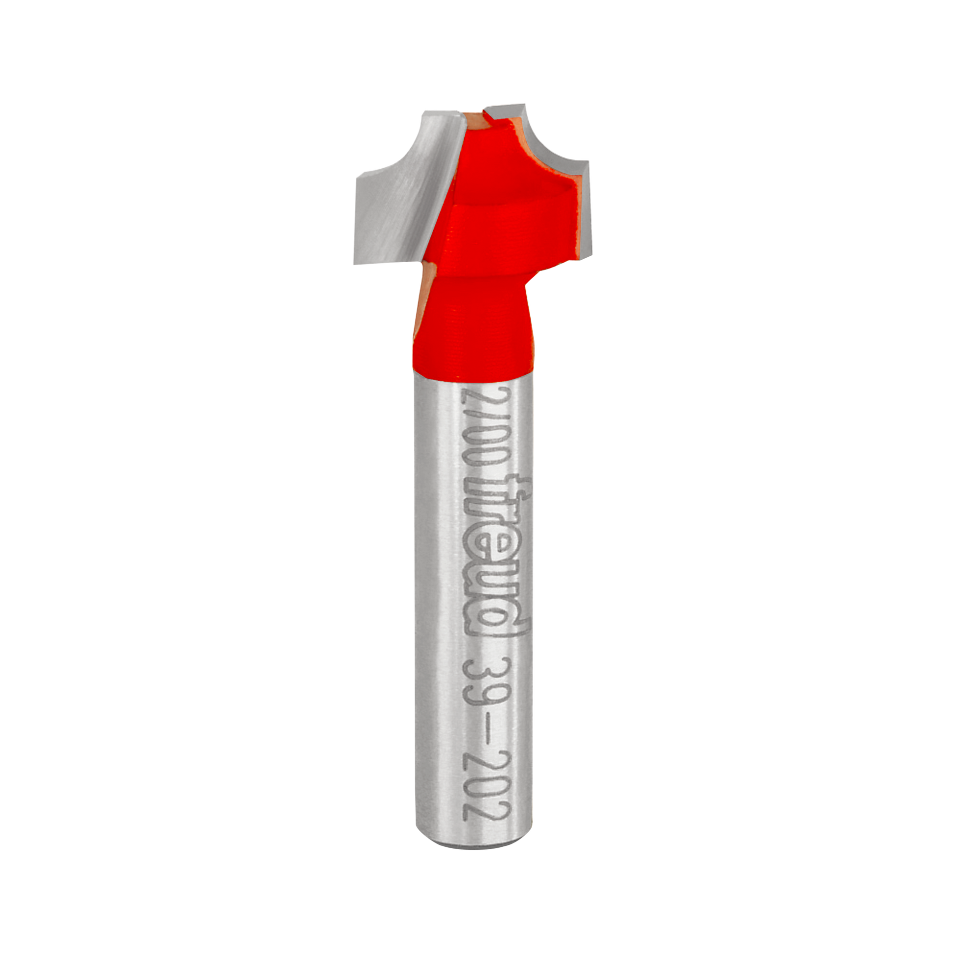 Freud 39-202 router bit with red cutting head and silver cylindrical shank marked with model number.