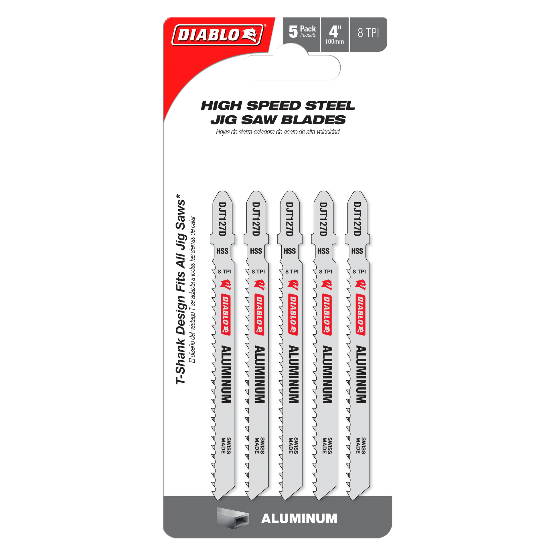 Five Diablo high speed steel T-shank jig saw blades with 8 TPI teeth for aluminum cutting applications.