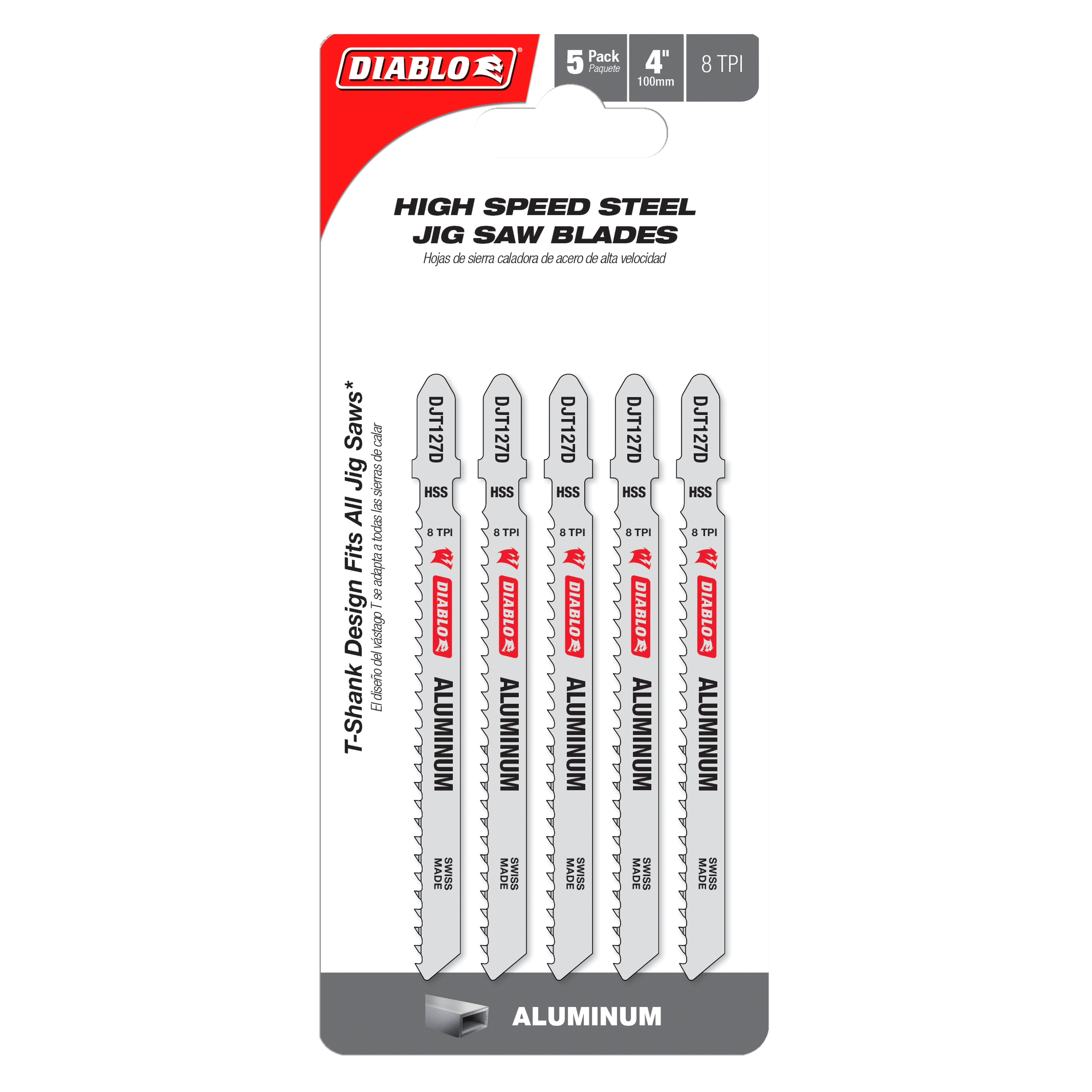 Five Diablo high speed steel T-shank jig saw blades with 8 TPI teeth for aluminum cutting applications.