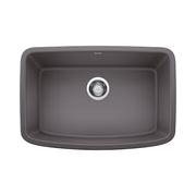 Cinder gray single undermount kitchen sink with rounded rectangular basin and chrome drain strainer, viewed from above.