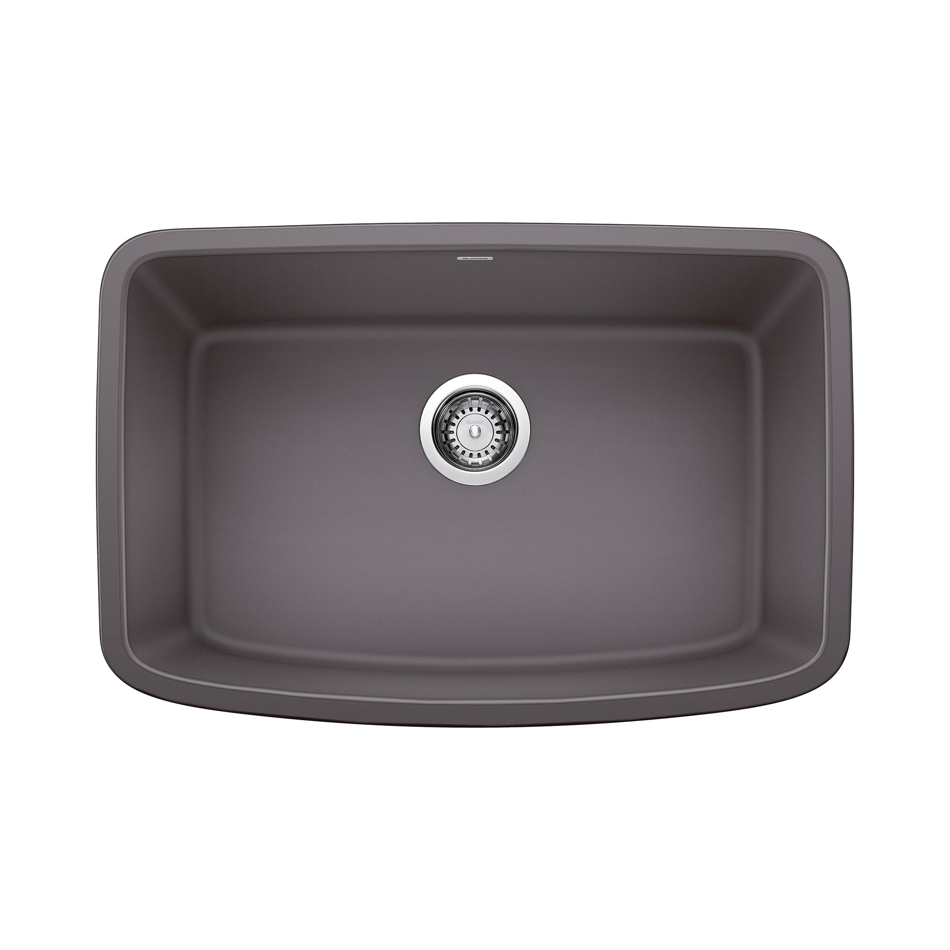 Cinder gray single undermount kitchen sink with rounded rectangular basin and chrome drain strainer, viewed from above.