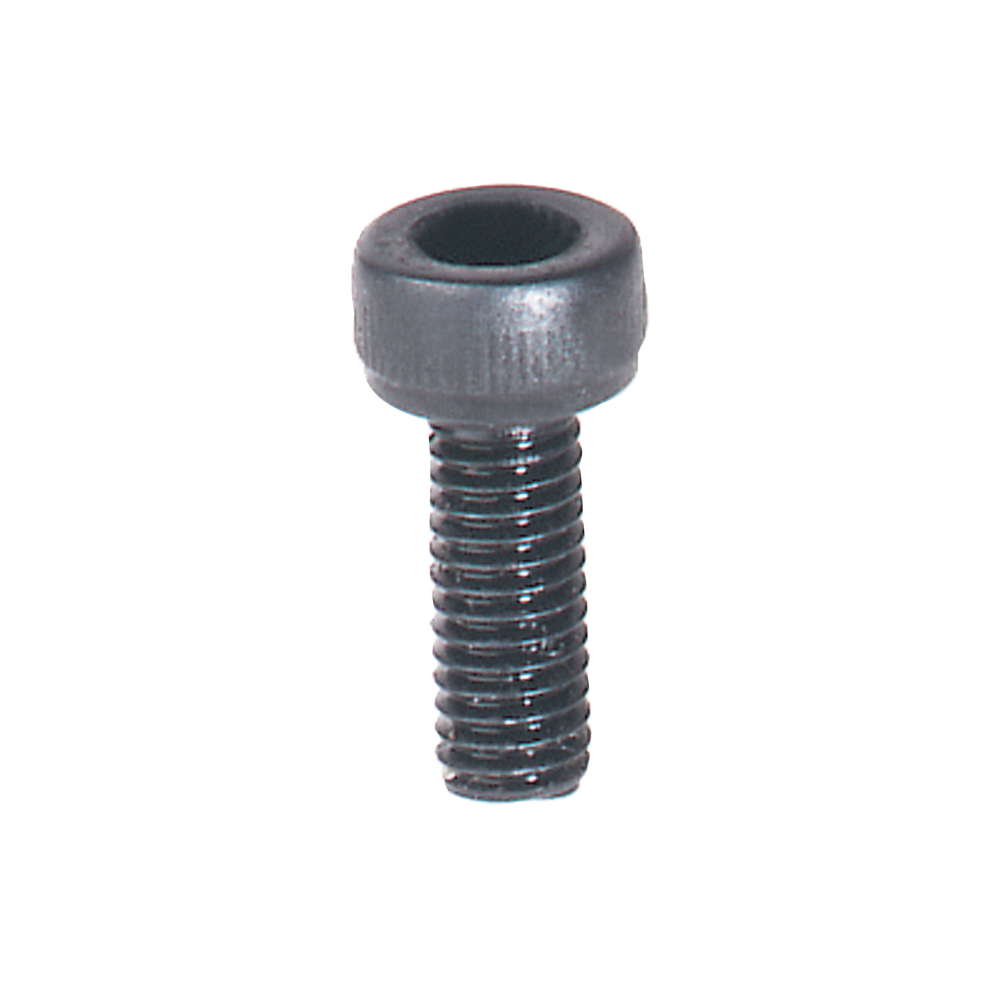 Dark gray metal cap screw with knurled cylindrical head and threaded shaft.