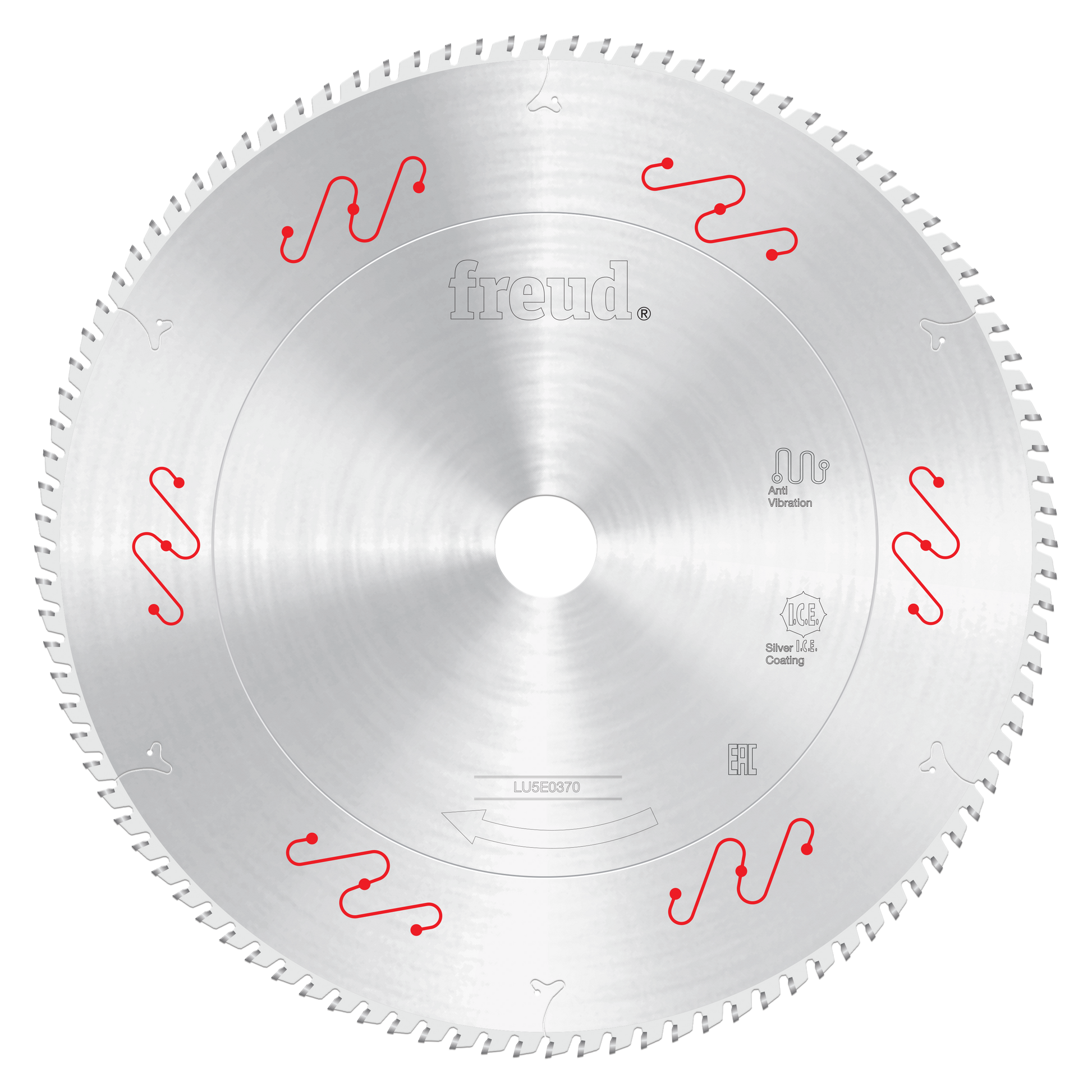 10-inch circular saw blade with carbide-tipped teeth around the edge, Freud branding and red vibration-reduction symbols visi