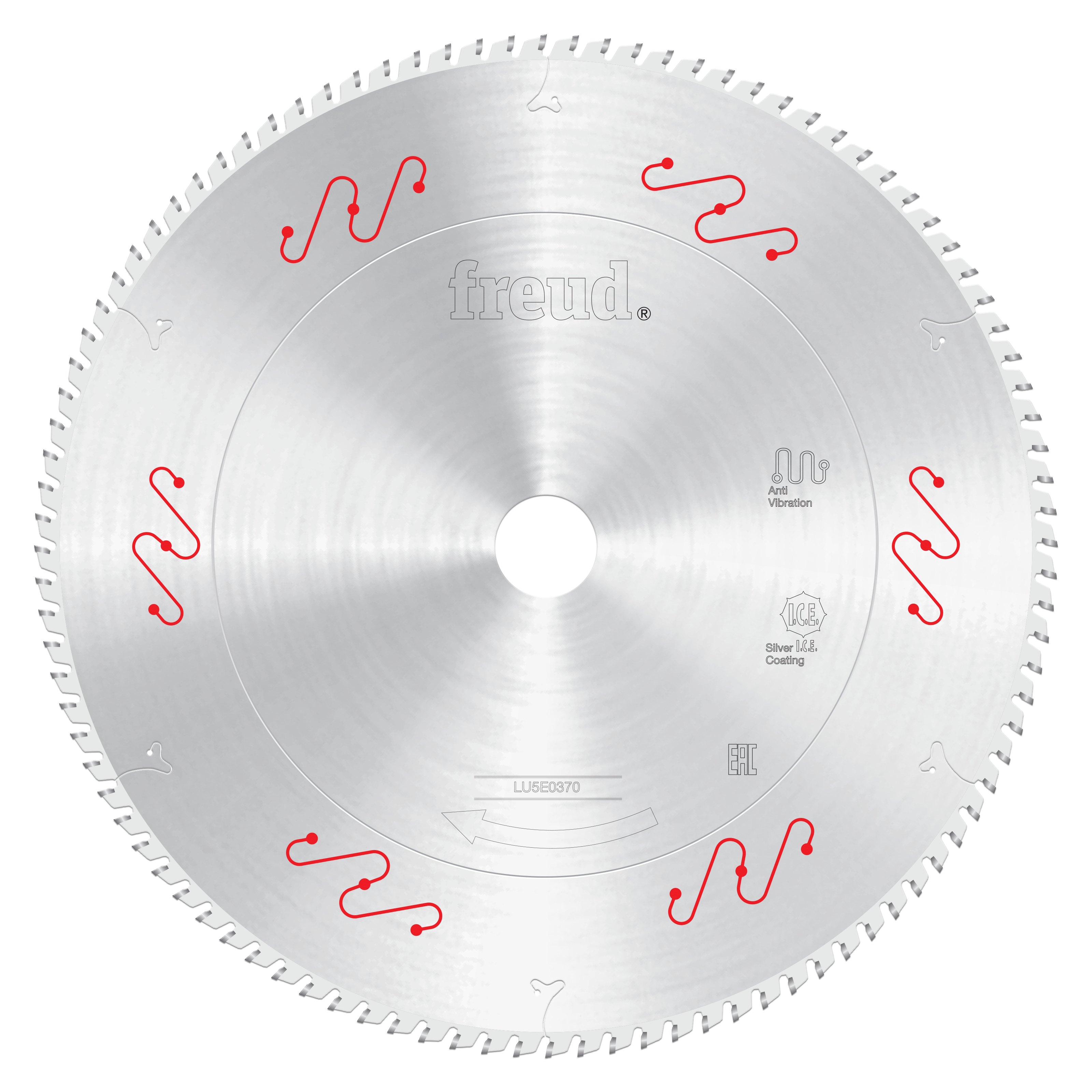 10-inch circular saw blade with carbide-tipped teeth around the edge, Freud branding and red vibration-reduction symbols visi