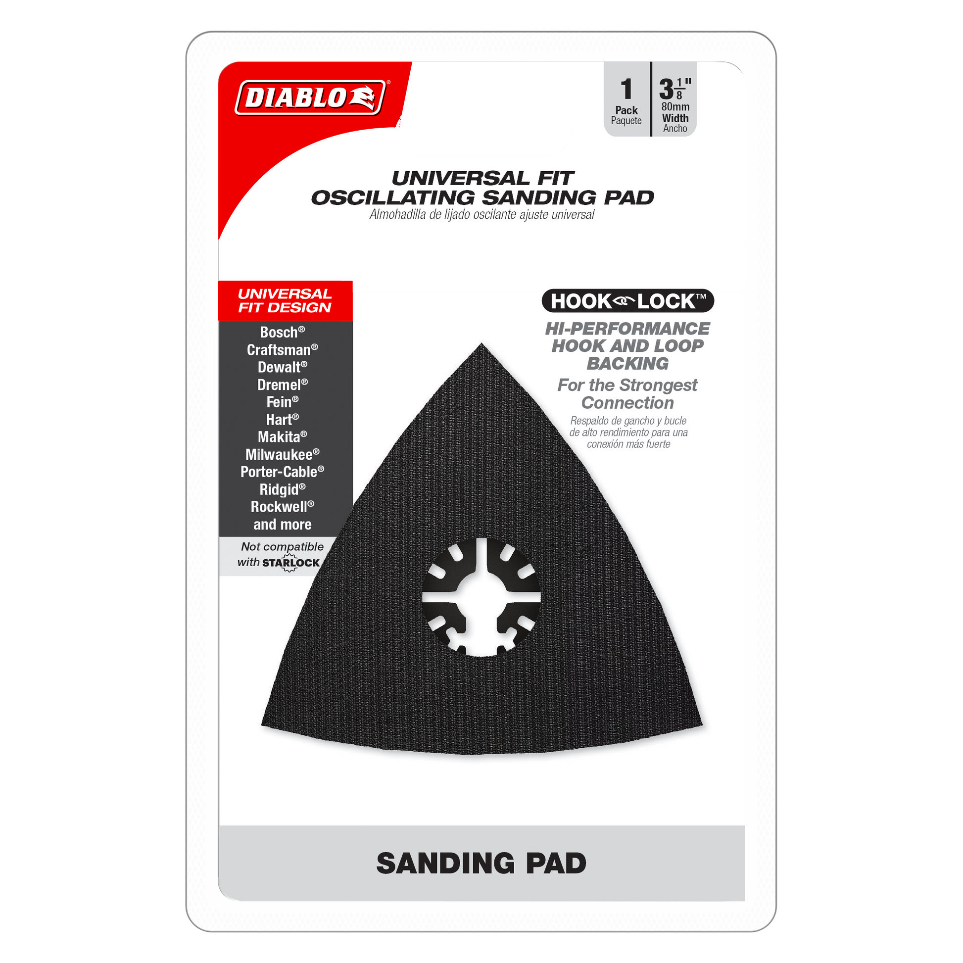 Black triangular oscillating sanding pad with hook and loop backing and center cutout hole.
