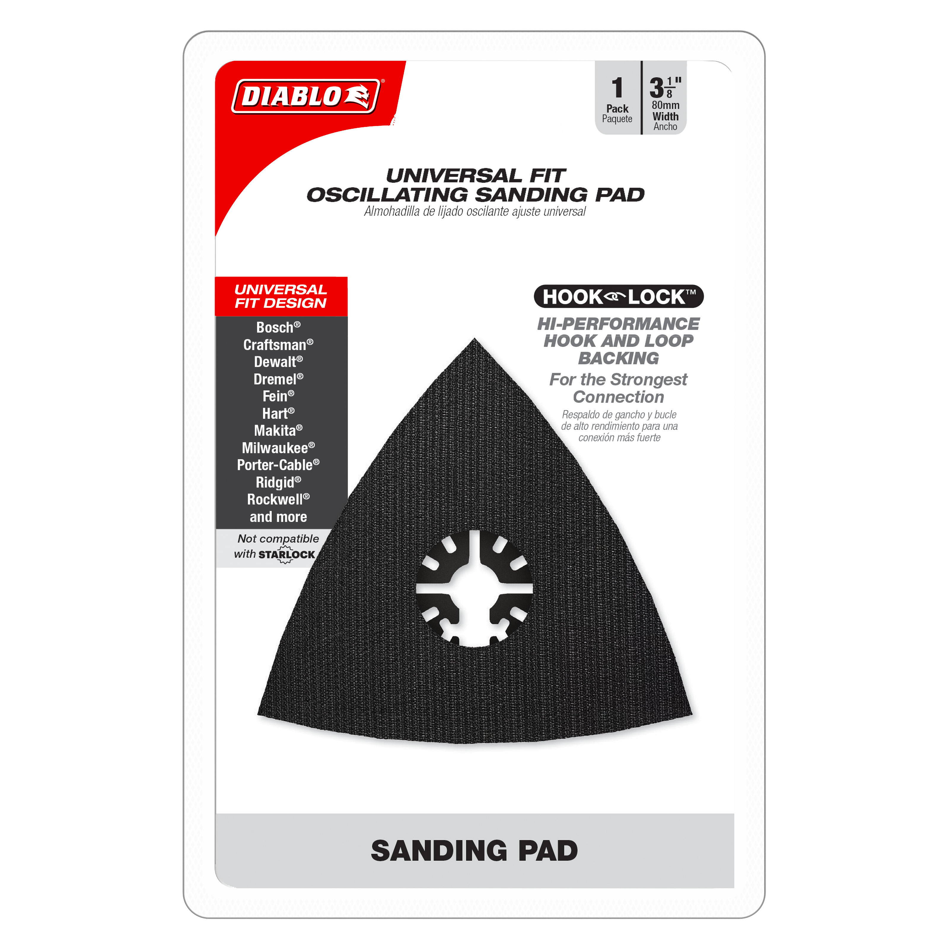 Black triangular oscillating sanding pad with hook and loop backing and center cutout hole.