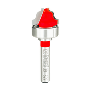 Router bit with red cutting head, silver bearing collar, and metal shank marked "Freud 39-522".