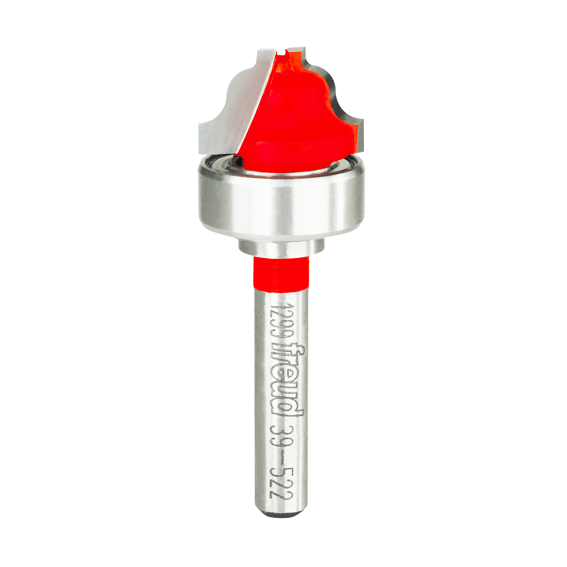Router bit with red cutting head, silver bearing collar, and metal shank marked "Freud 39-522".