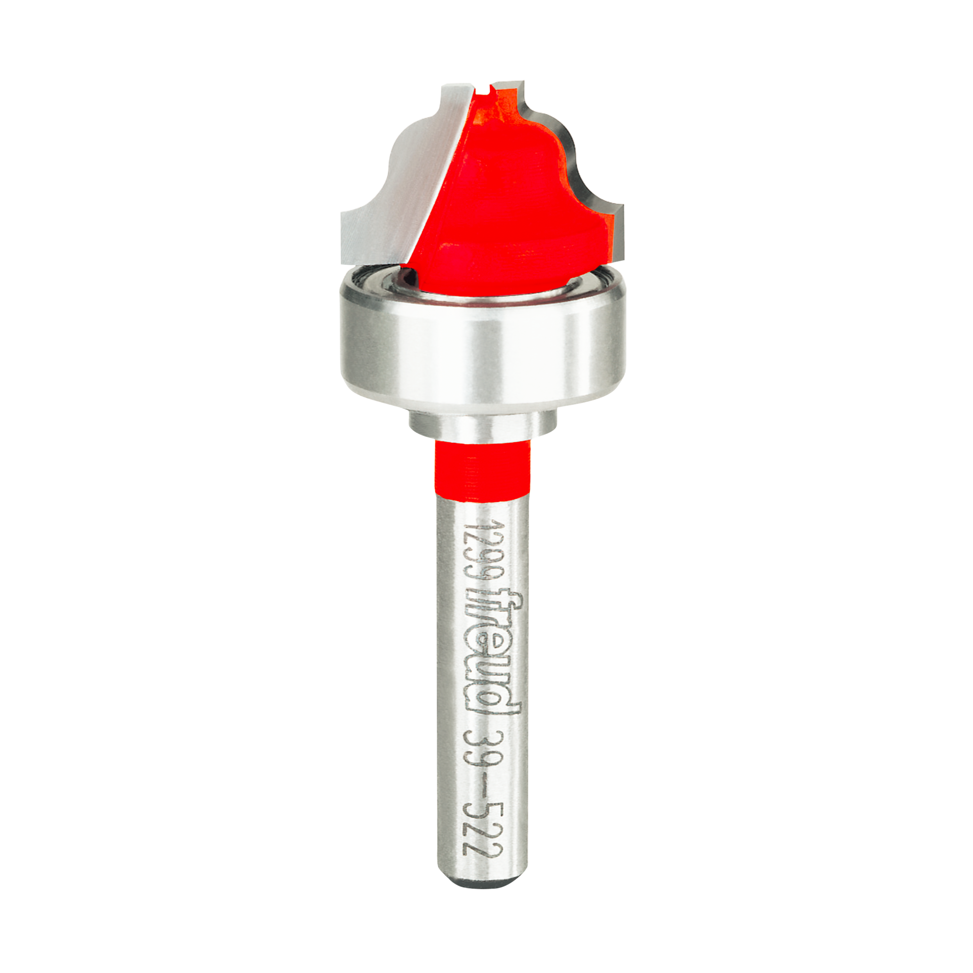 Router bit with red cutting head, silver bearing collar, and metal shank marked "Freud 39-522".