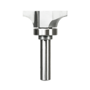 Metal router bit with curved cutting edges at top, cylindrical shank, and bearing collar in center.