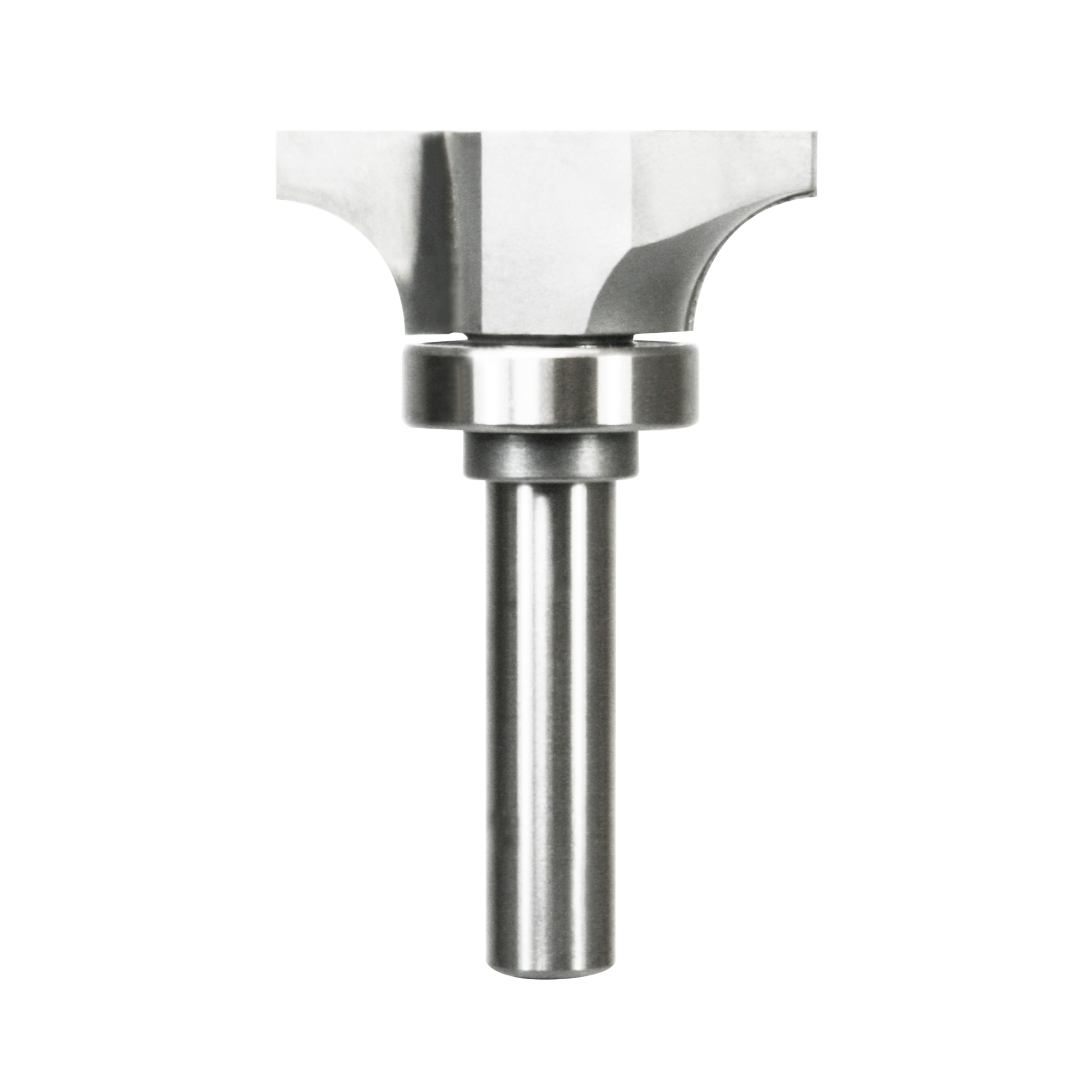 Metal router bit with curved cutting edges at top, cylindrical shank, and bearing collar in center.