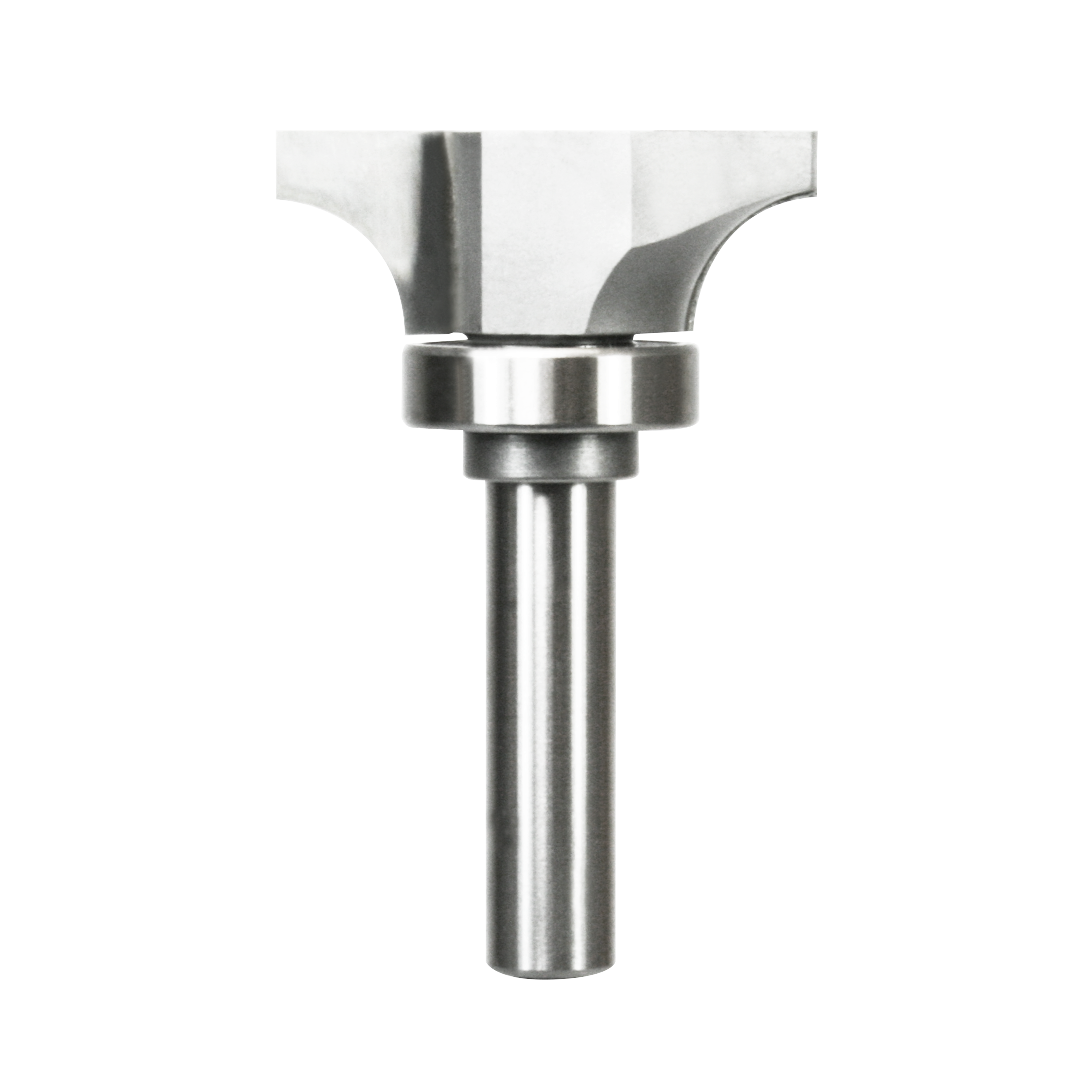 Metal router bit with curved cutting edges at top, cylindrical shank, and bearing collar in center.