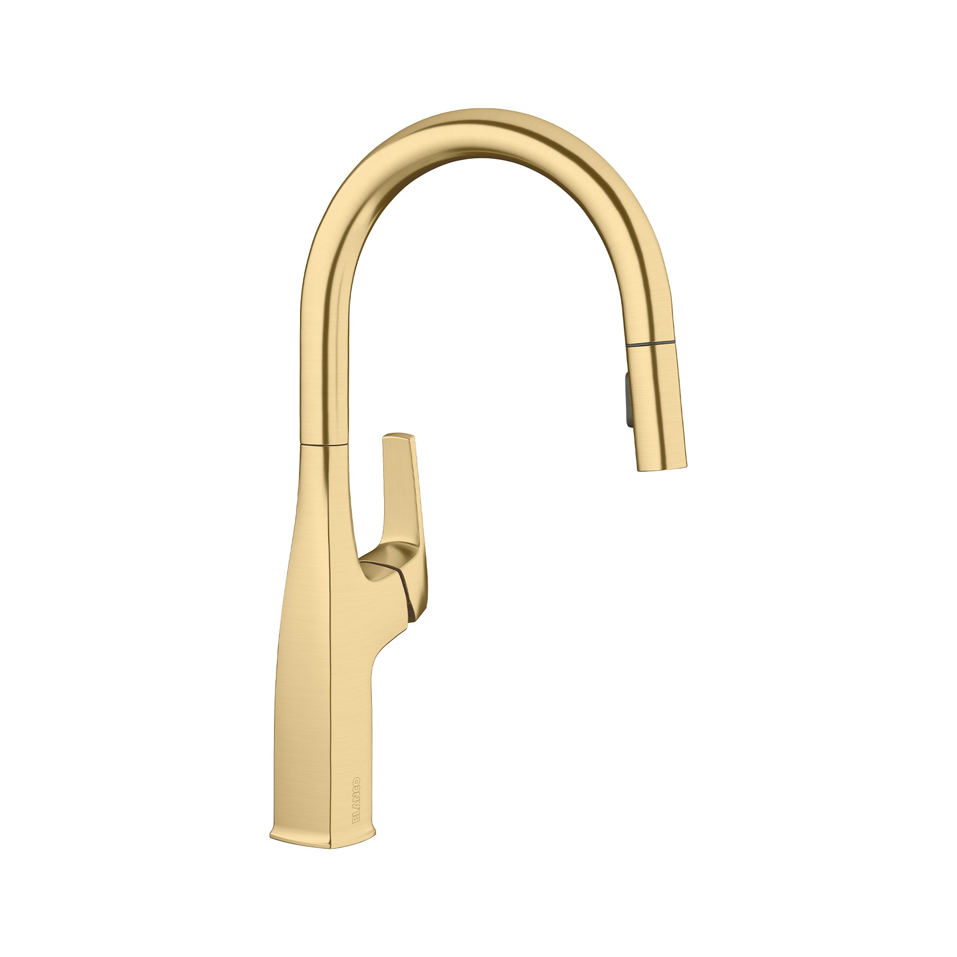 Satin gold pull-down kitchen faucet with high curved spout and single lever handle.