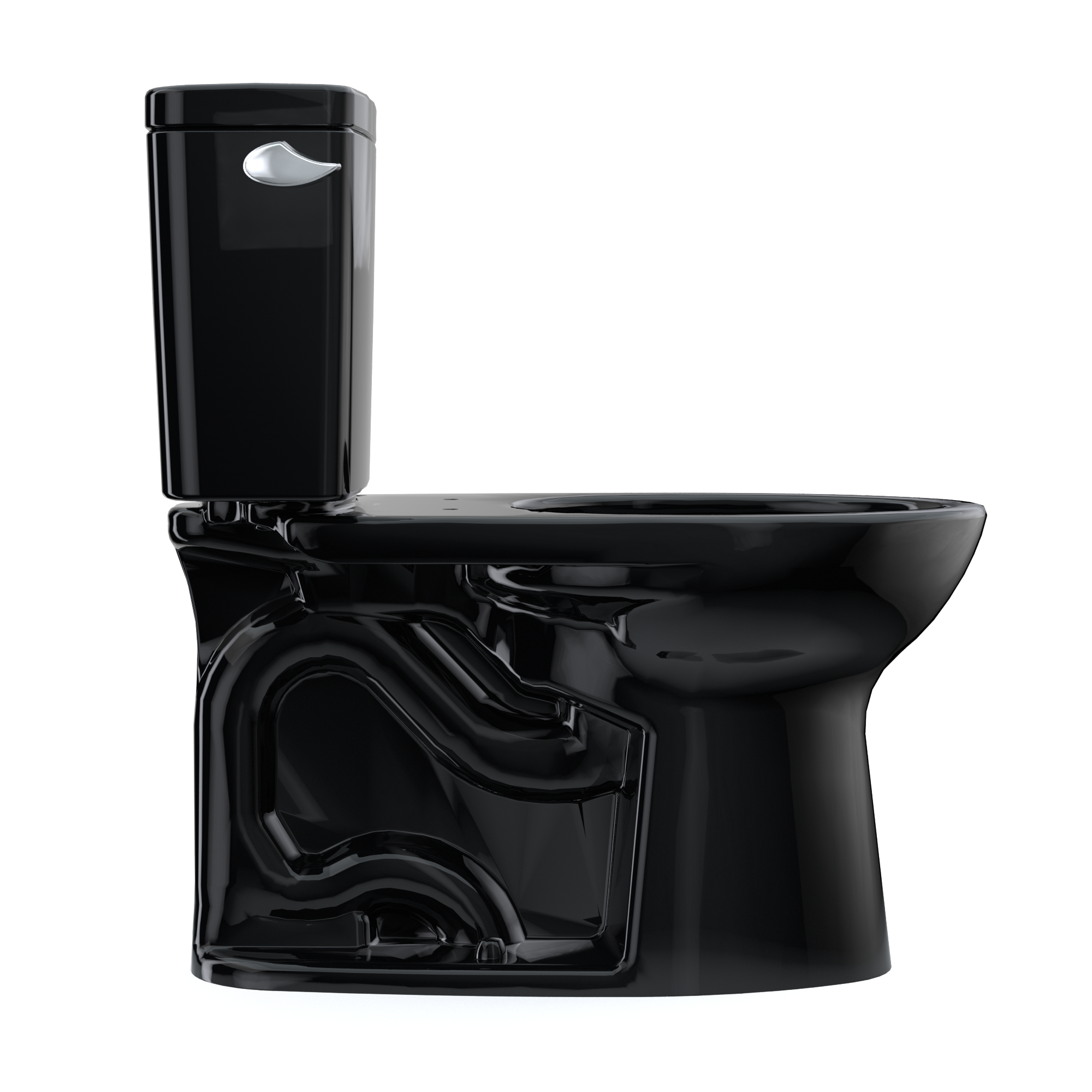 Ebony two-piece elongated toilet with separate tank and bowl, featuring chrome flush lever on tank.