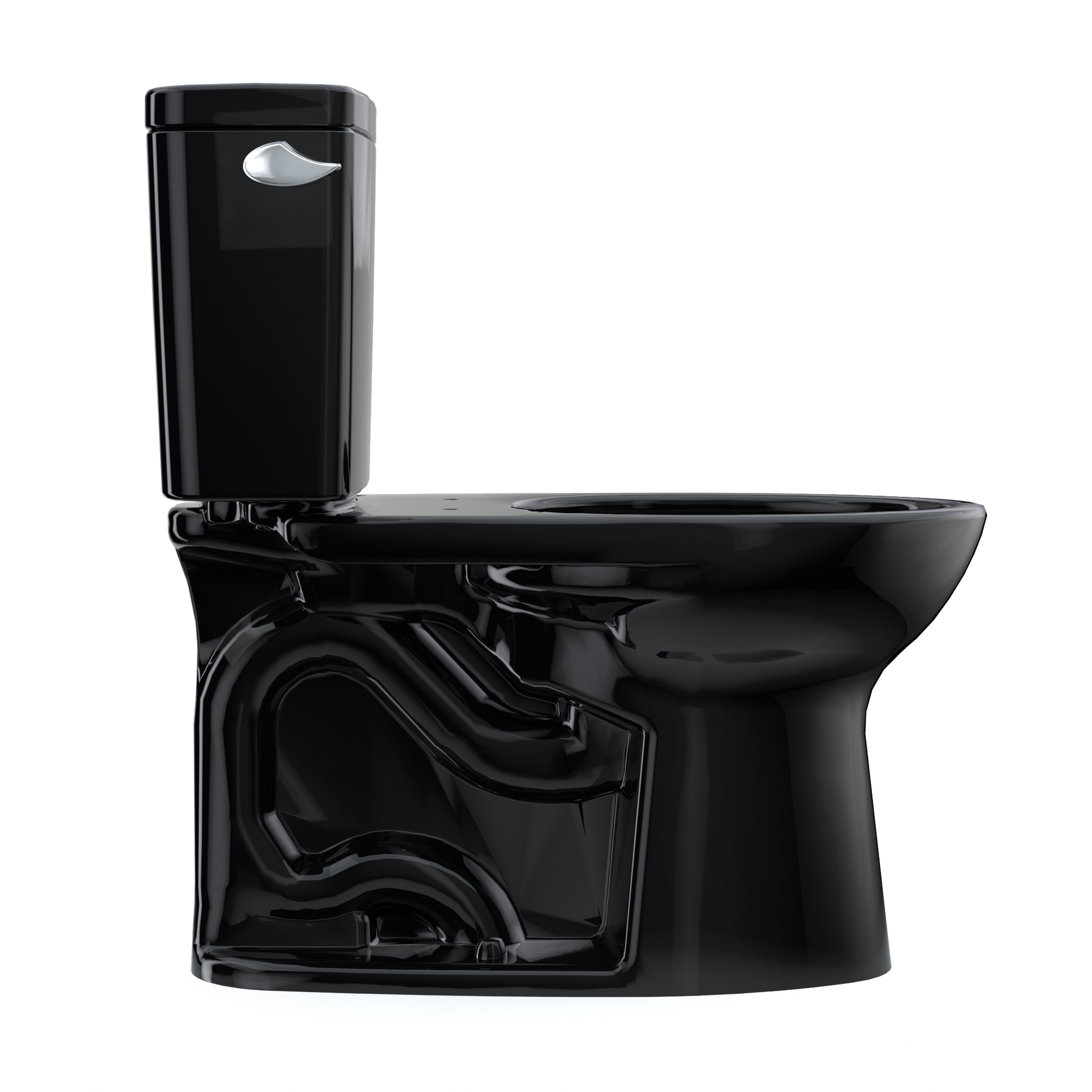 Ebony two-piece elongated toilet with separate tank and bowl, chrome lever handle visible on tank.