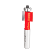 Silver and red router bit with cylindrical shank and rectangular cutting head for woodworking inlay work.