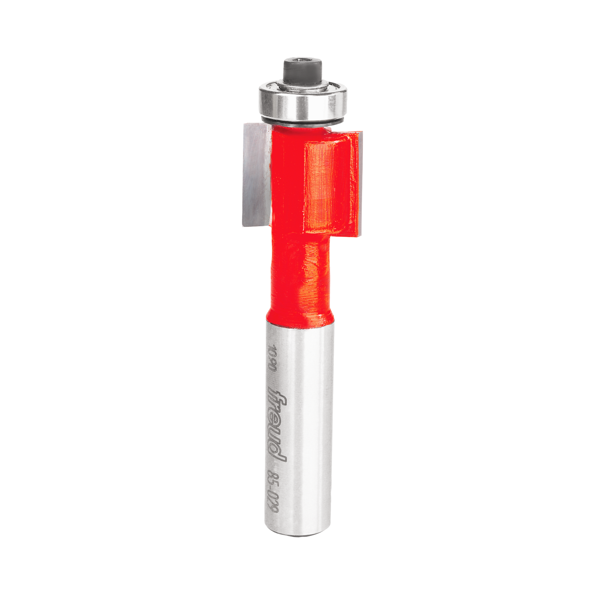 Silver and red router bit with cylindrical shank and rectangular cutting head for woodworking inlay work.
