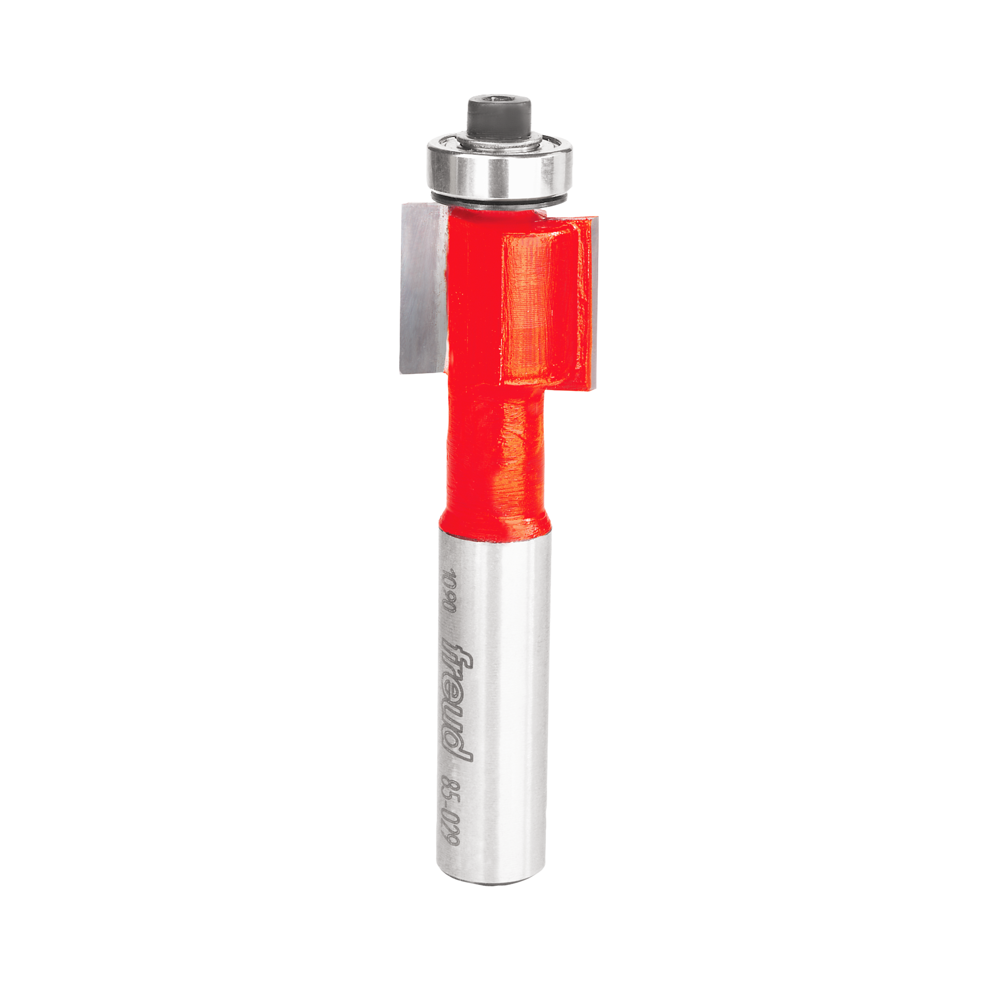 Silver and red router bit with cylindrical shank and rectangular cutting head for woodworking inlay work.