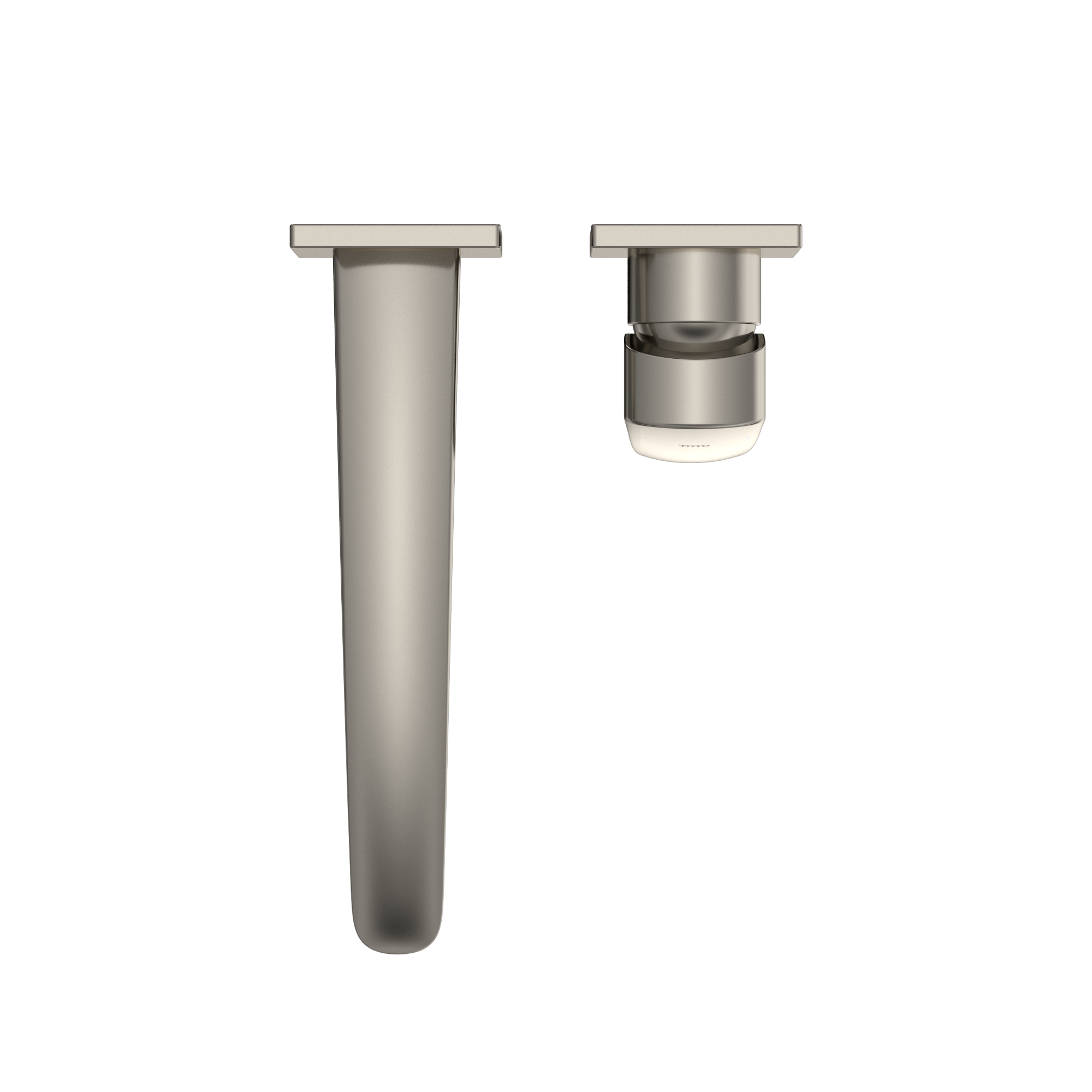 Polished nickel wall-mount bathroom faucet with long single handle and cylindrical spout, shown from front and side views.