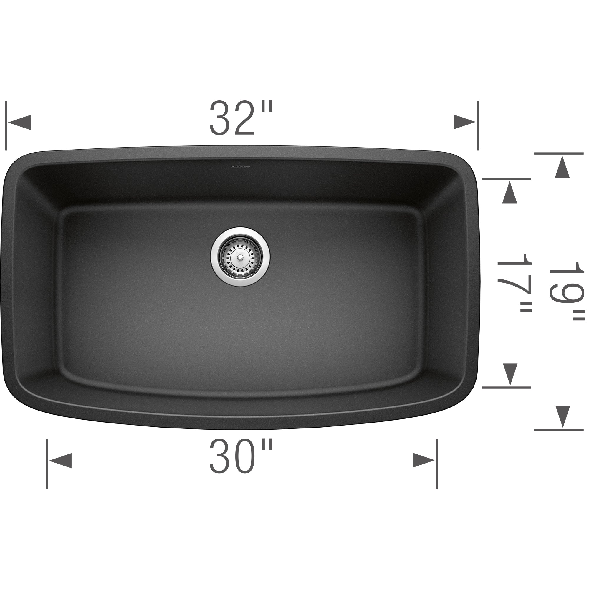 Anthracite single undermount kitchen sink with rounded corners, chrome drain, measuring 32" wide by 19" deep and 17" tall.