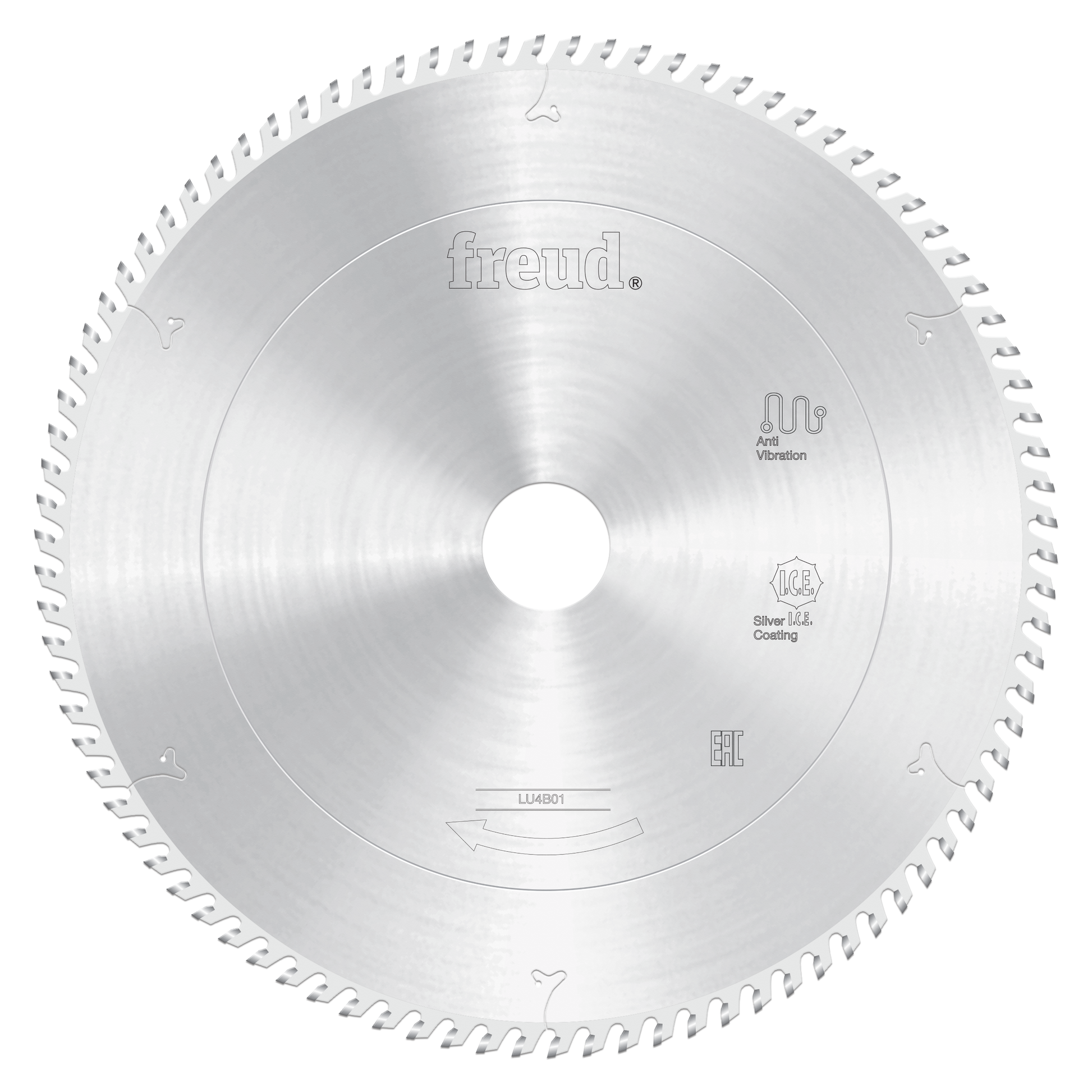 Freud LU4B01 203mm circular saw blade with silver coating and fine-tooth edge for plastics and plexiglass.