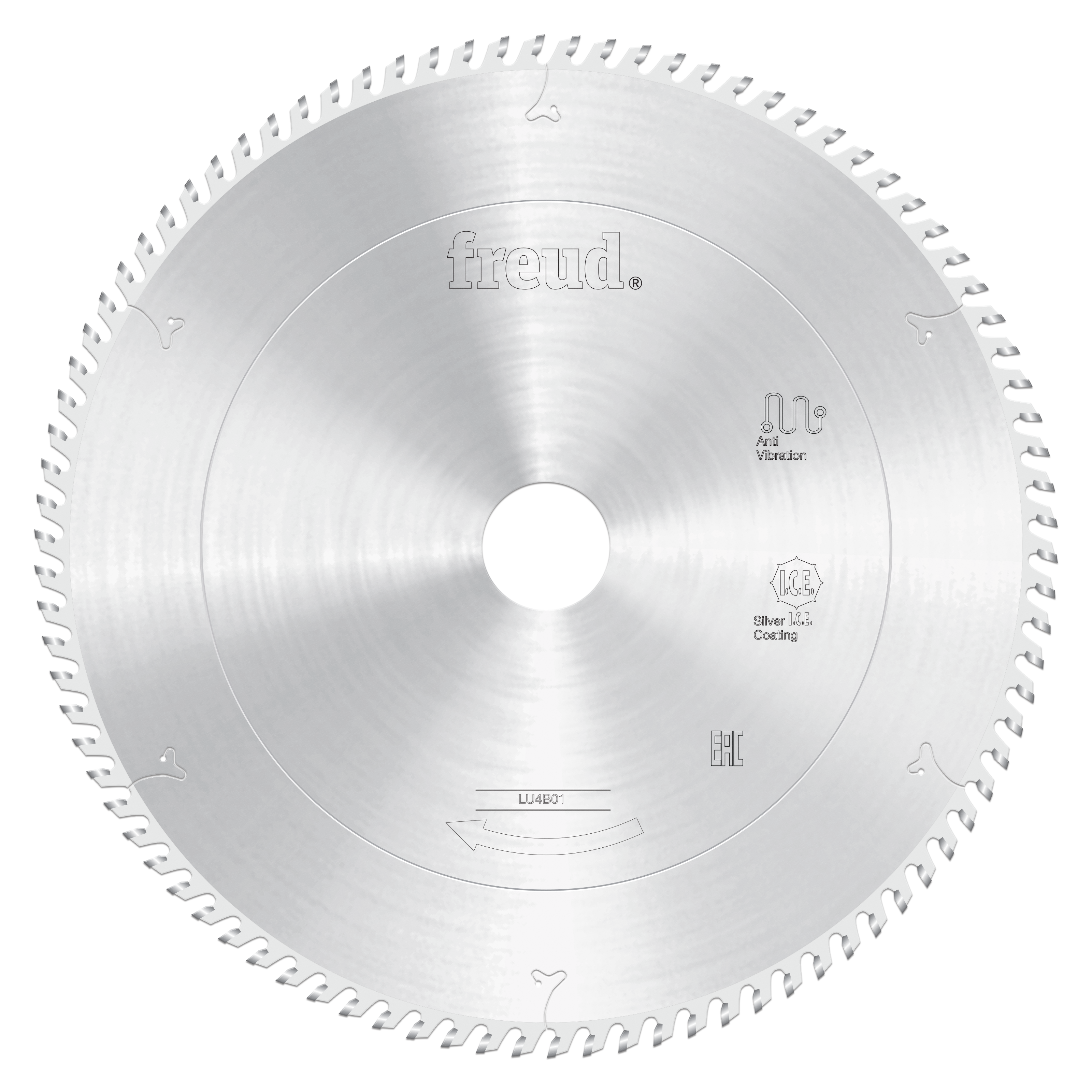 Freud LU4B01 203mm circular saw blade with silver coating and fine-tooth edge for plastics and plexiglass.