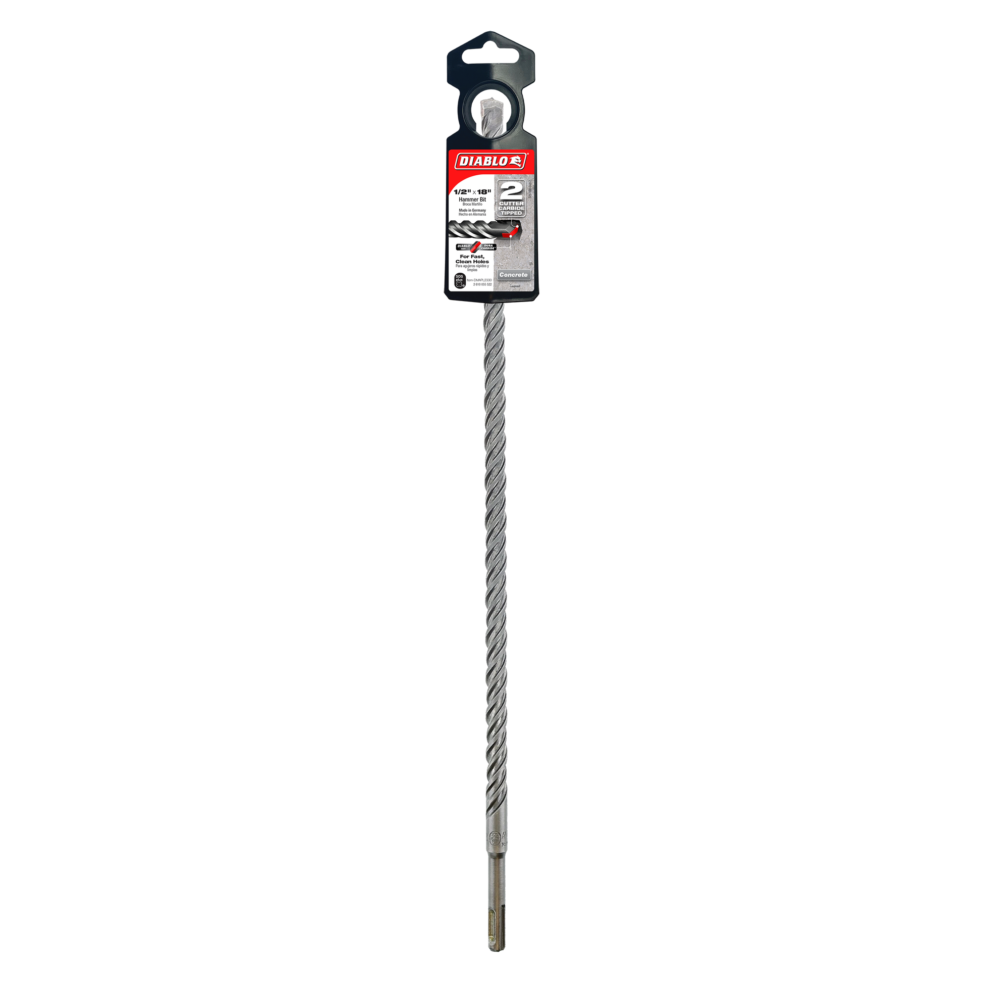 Diablo SDS-Plus rotary hammer drill bit with gray twisted flutes and packaging card attached at top.