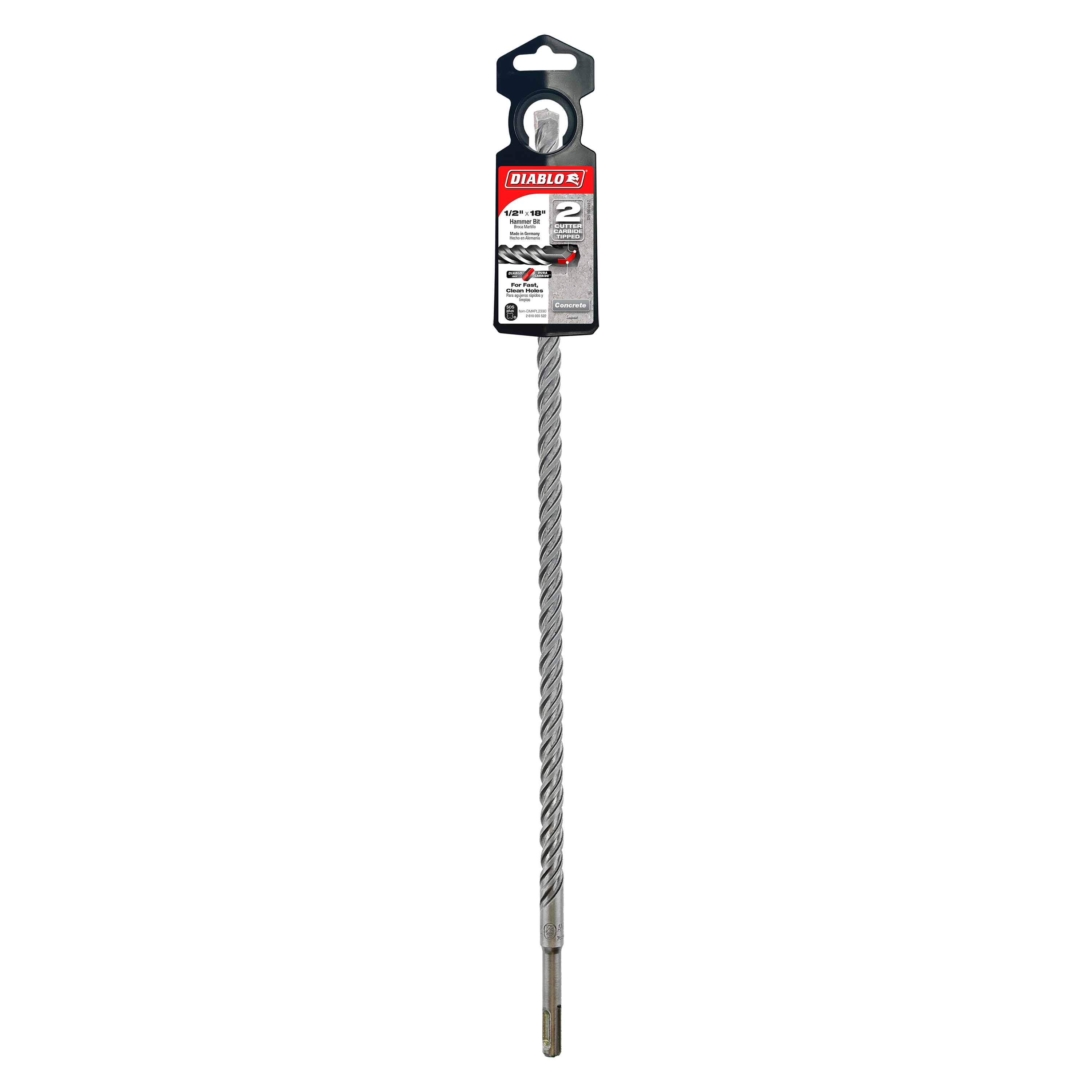 Diablo SDS-Plus rotary hammer drill bit with gray twisted flutes and packaging card attached at top.