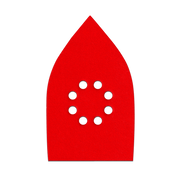 Red mouse-shaped sanding pad with eight white circular attachment holes arranged in center pattern.