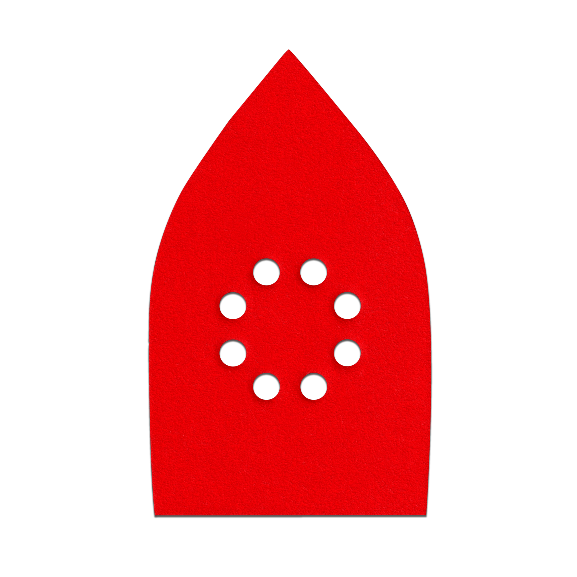 Red mouse-shaped sanding pad with eight white circular attachment holes arranged in center pattern.