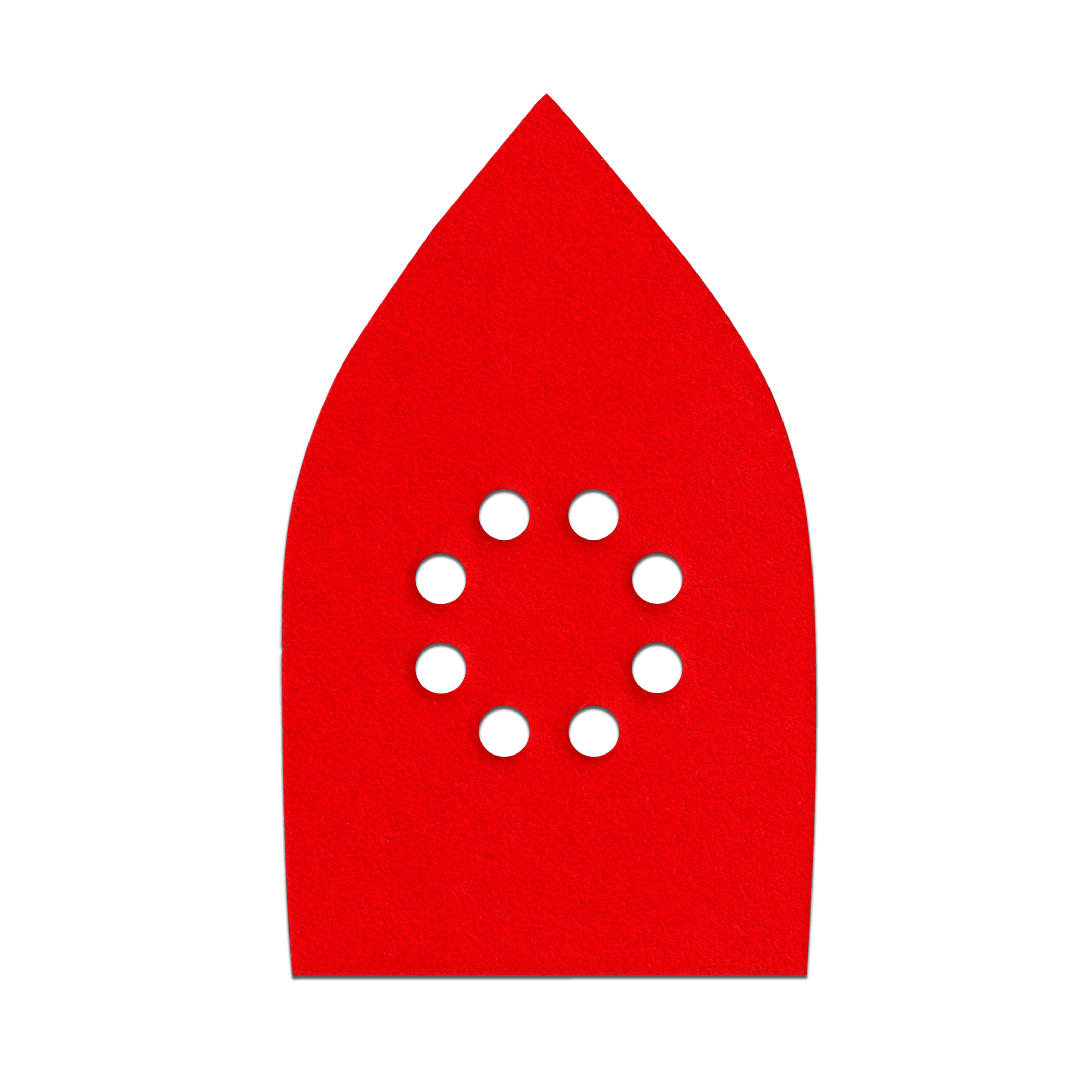 Red mouse-shaped sanding pad with eight white circular attachment holes arranged in center pattern.